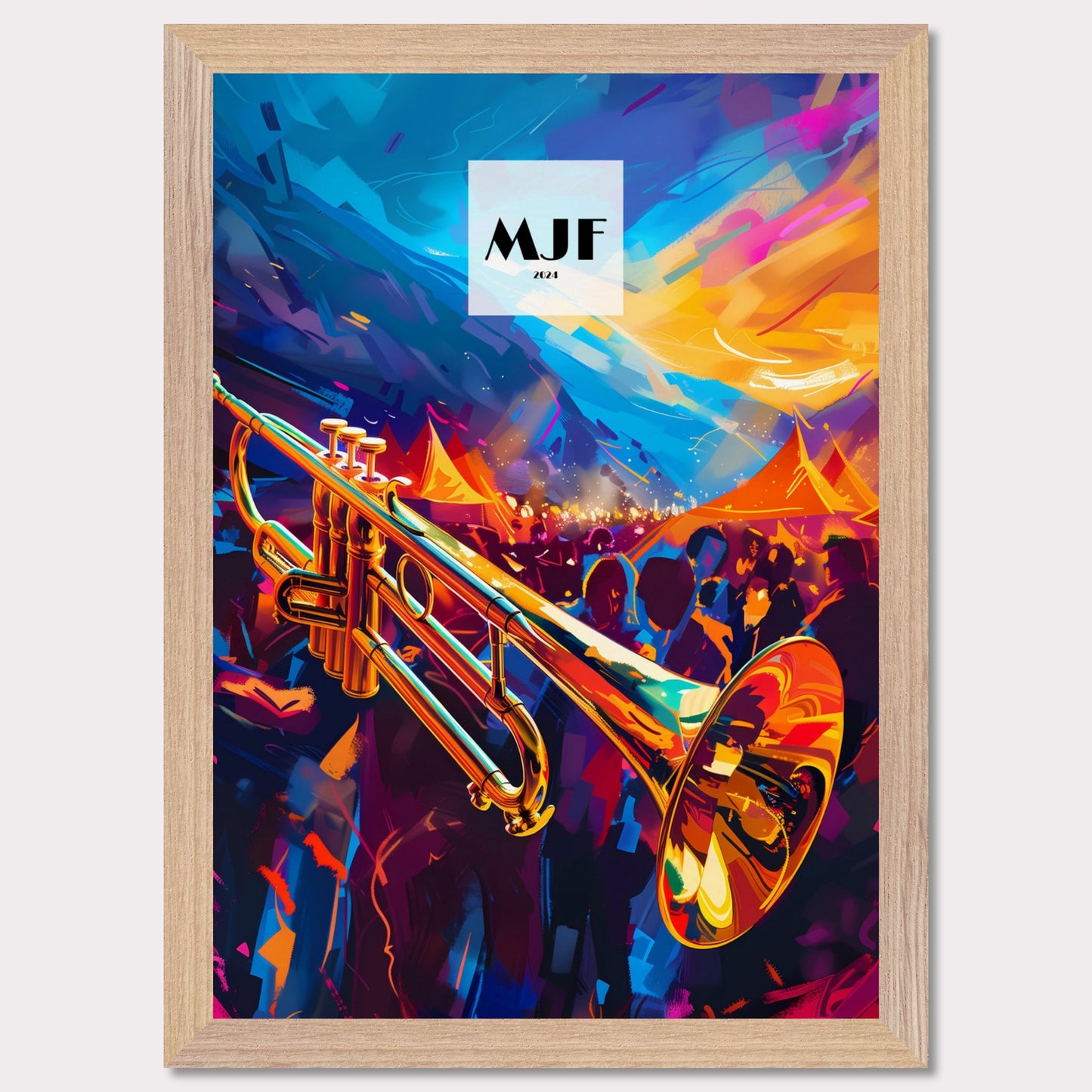 This vibrant poster captures the essence of a lively jazz festival. A gleaming trumpet takes center stage, set against a backdrop of colorful tents and an enthusiastic crowd. The sky is painted with dynamic strokes of blue and orange, adding to the energetic atmosphere.