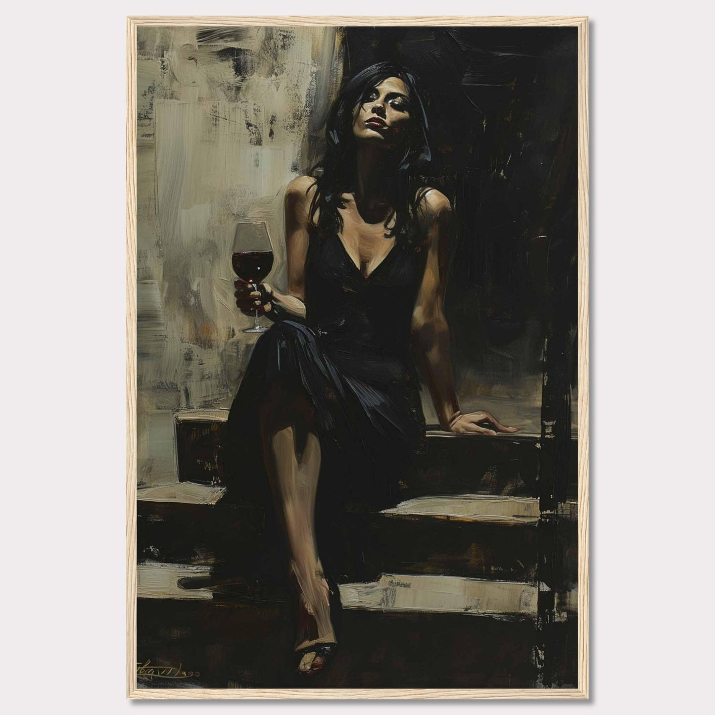 This captivating painting depicts a woman in an elegant black dress, seated on a set of steps. She holds a glass of red wine, exuding confidence and sophistication. The dark, moody background contrasts with her poised demeanor, creating a sense of intrigue and allure.