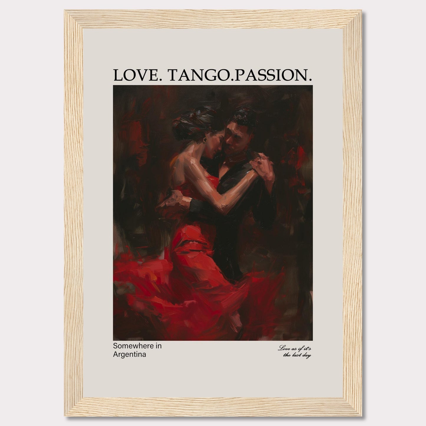 This captivating poster showcases a passionate tango dance between a couple, enveloped in deep red and black hues.