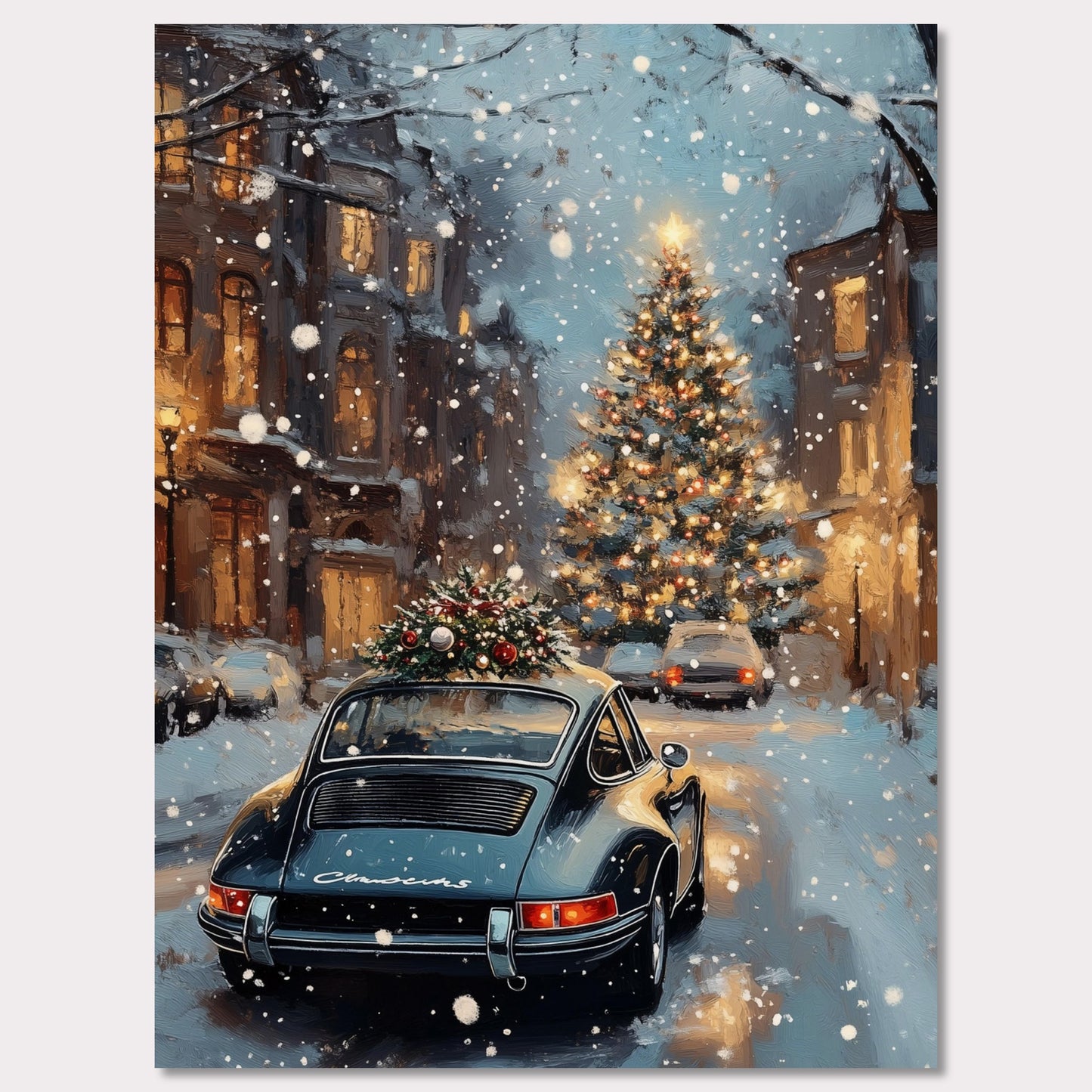 This enchanting poster portrays a snowy Swiss street with a beautifully adorned vintage car carrying a Christmas tree. The softly glowing lights and festive decorations create an atmosphere of joyous holiday anticipation. The combination of timeless cars and seasonal spirit brings a unique charm to this holiday scene.