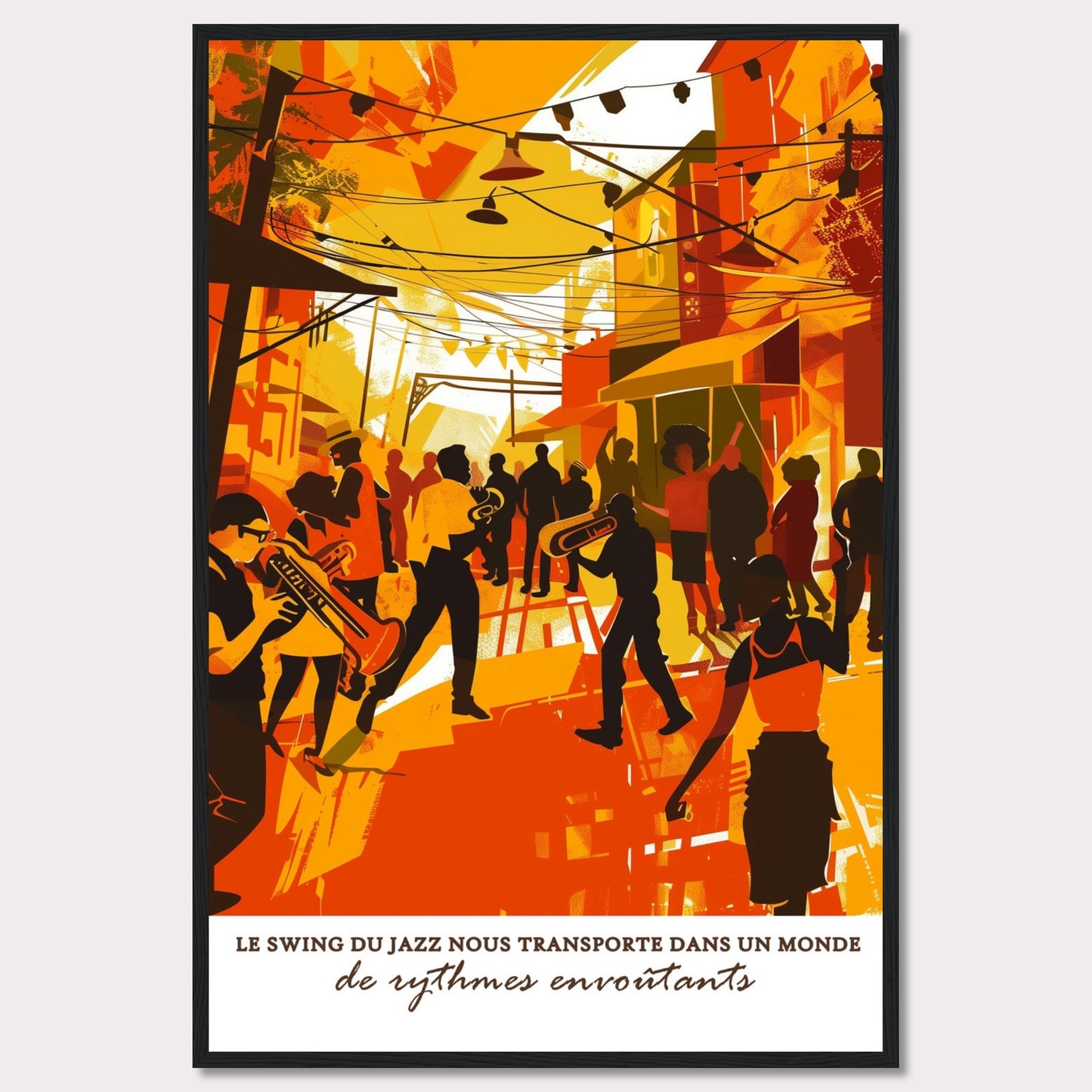 This vibrant illustration captures the lively atmosphere of a jazz street performance. Musicians with trumpets and trombones play energetically, surrounded by an enthusiastic crowd. The scene is bathed in warm hues of orange and yellow, evoking a sense of warmth and excitement.