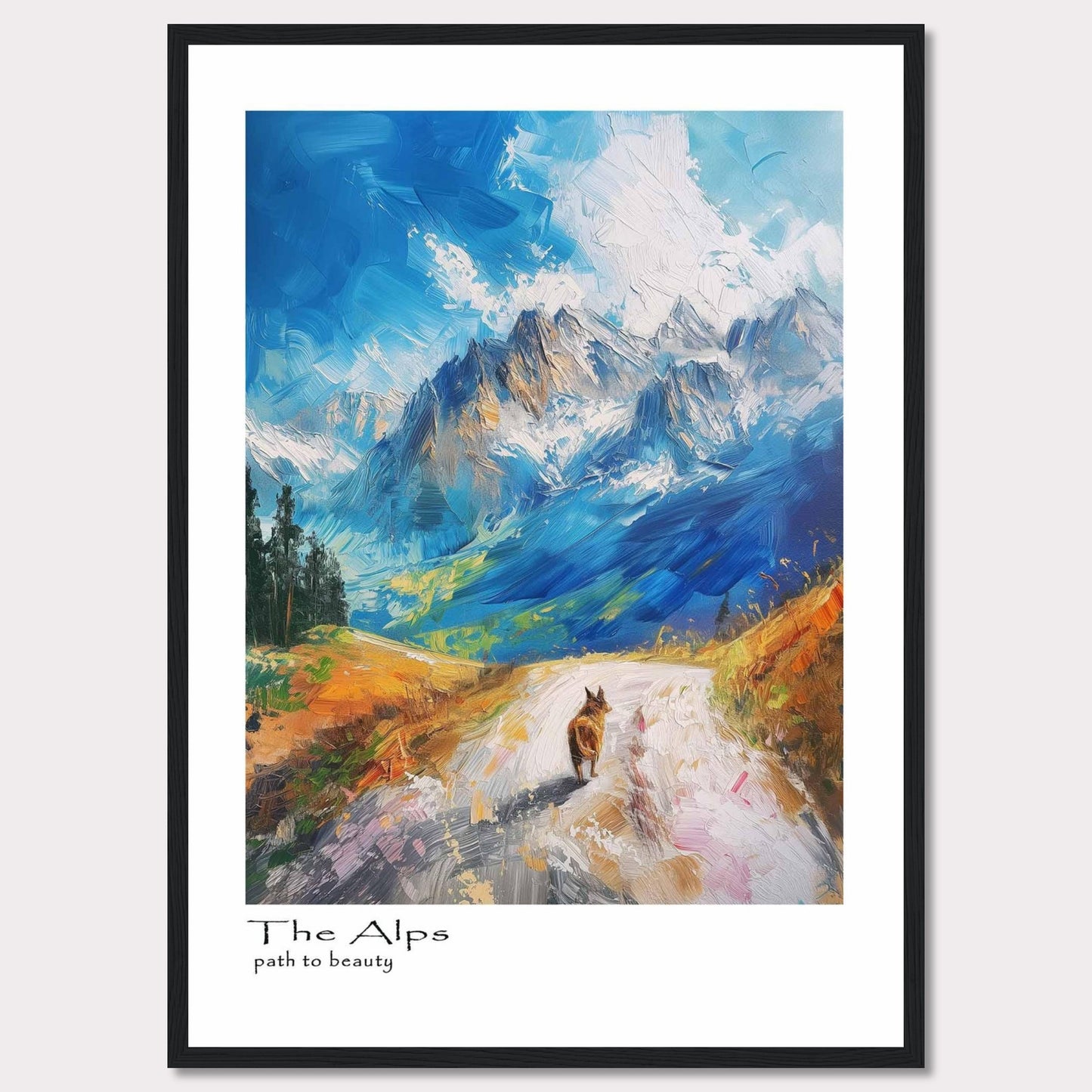 This painting captures the breathtaking beauty of the Alps with vibrant colors and dynamic brushstrokes. A lone hiker walks along a winding path, surrounded by majestic mountains under a bright blue sky.