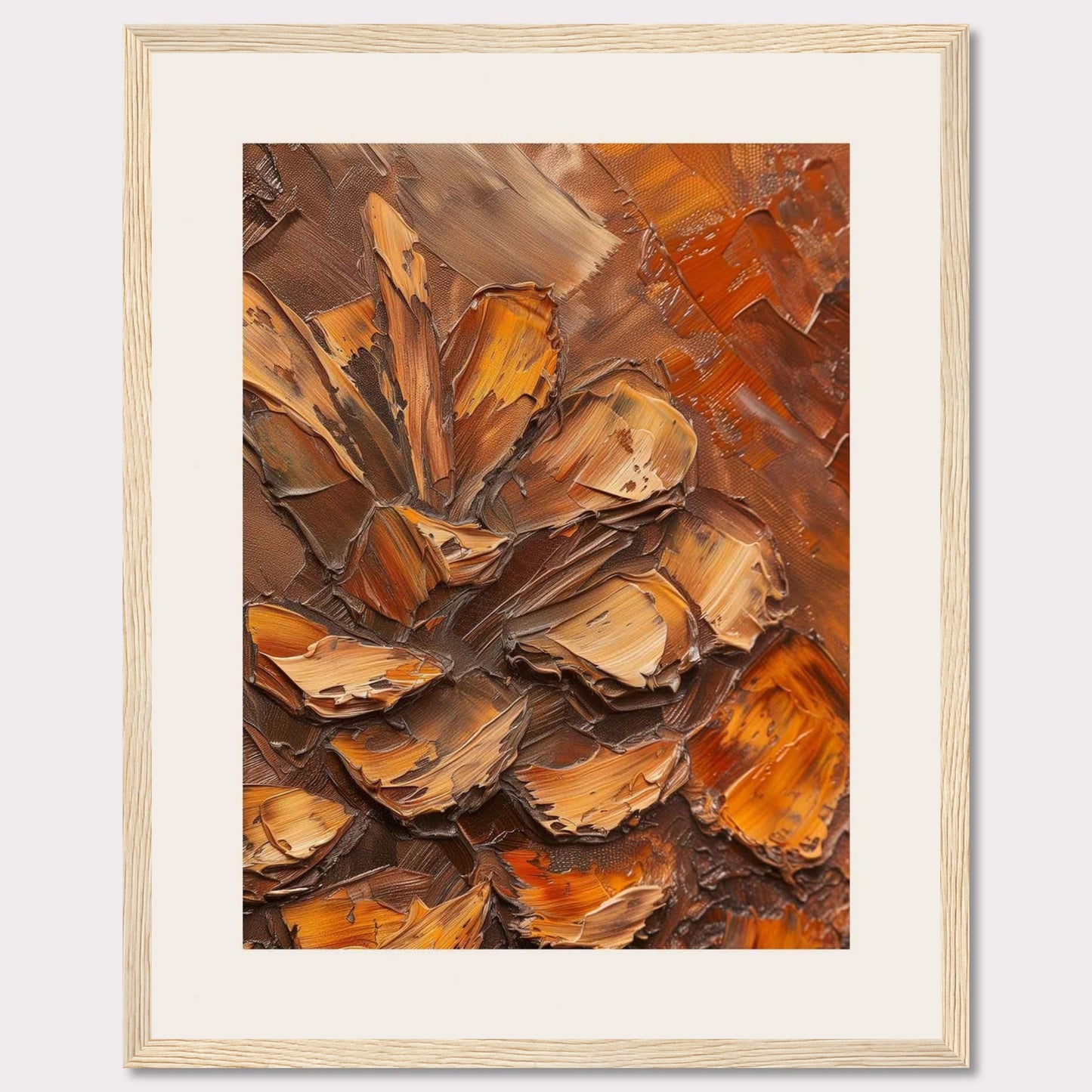 This image showcases a textured painting of a pine cone, rendered in rich, earthy tones. The thick, impasto technique gives the artwork a three-dimensional feel, making the pine cone appear almost lifelike. The painting is framed in a sleek black frame with a white matting that enhances its visual appeal.