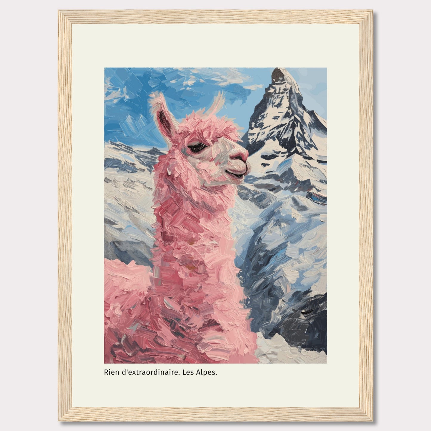 This whimsical painting features a pink llama standing proudly against the backdrop of the majestic Alps. The vibrant colors and playful brushstrokes bring a sense of fun and adventure to the scene.