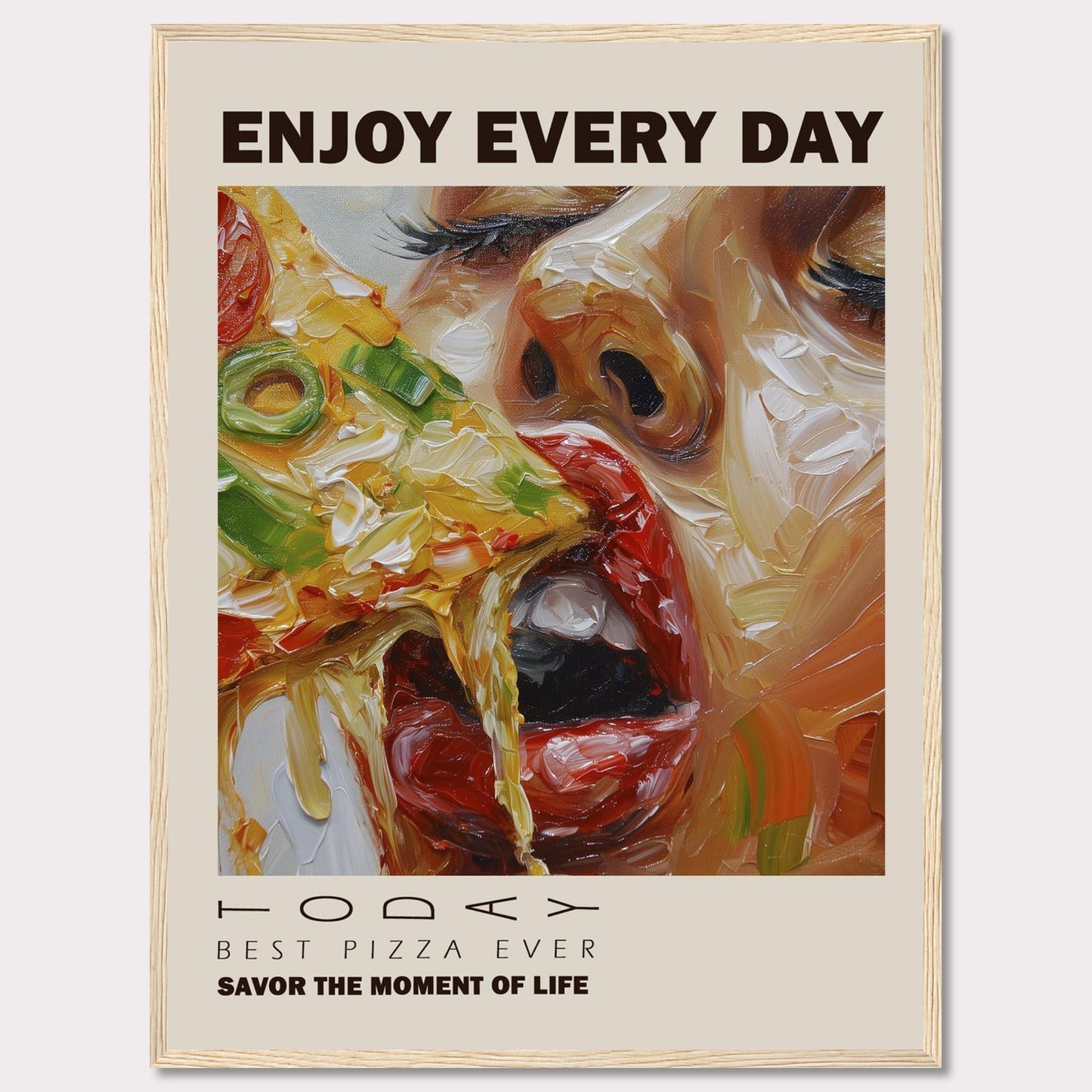 Enjoy a delicious slice of pizza every day with this vibrant and artistic poster. The image showcases a close-up of a person savoring a cheesy, vegetable-topped pizza slice.