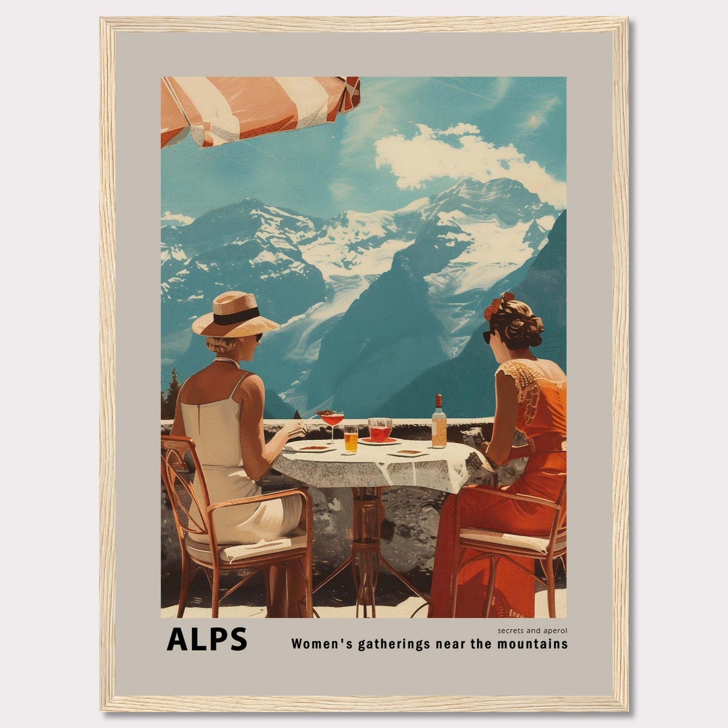 A beautiful vintage-style poster depicting two women enjoying a drink at a table with a stunning view of the Alps mountains in the background.