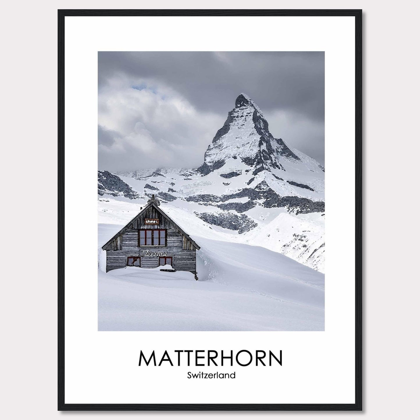 This stunning photograph captures the iconic Matterhorn in Switzerland, with a charming wooden cabin nestled in the snow-covered landscape. The majestic peak rises dramatically against a cloudy sky, creating a breathtaking scene of natural beauty.