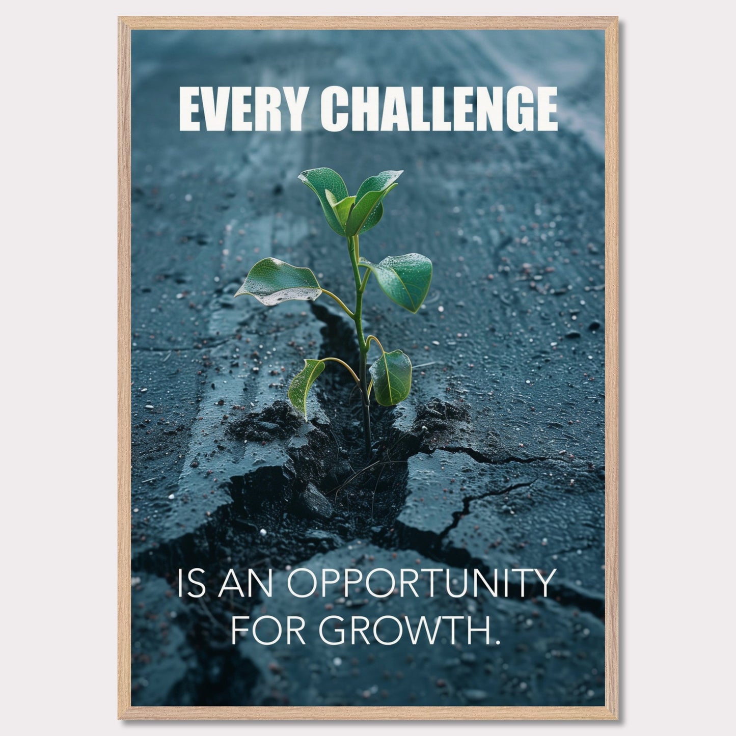 A motivational poster featuring a small green plant sprouting through a crack in the asphalt. The text on the poster reads "EVERY CHALLENGE IS AN OPPORTUNITY FOR GROWTH." The image symbolizes resilience and perseverance.