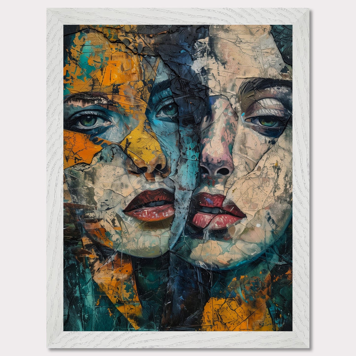 This captivating artwork features two intertwined, abstract faces with a rich blend of colors and textures. The painting exudes a sense of mystery and depth, drawing the viewer into its intricate details.