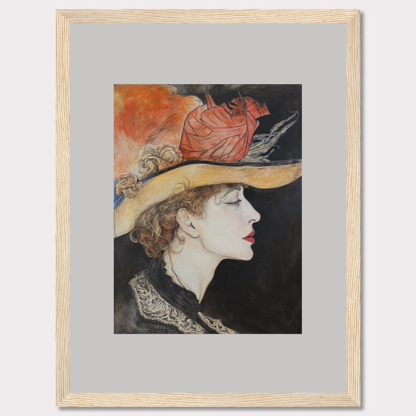 This captivating artwork features a side profile of a woman wearing an elegant hat adorned with feathers and flowers. The detailed illustration showcases her serene expression, accentuated by bold red lips and delicate curls framing her face. The background contrasts beautifully with the vibrant colors of the hat, adding depth to the portrait.