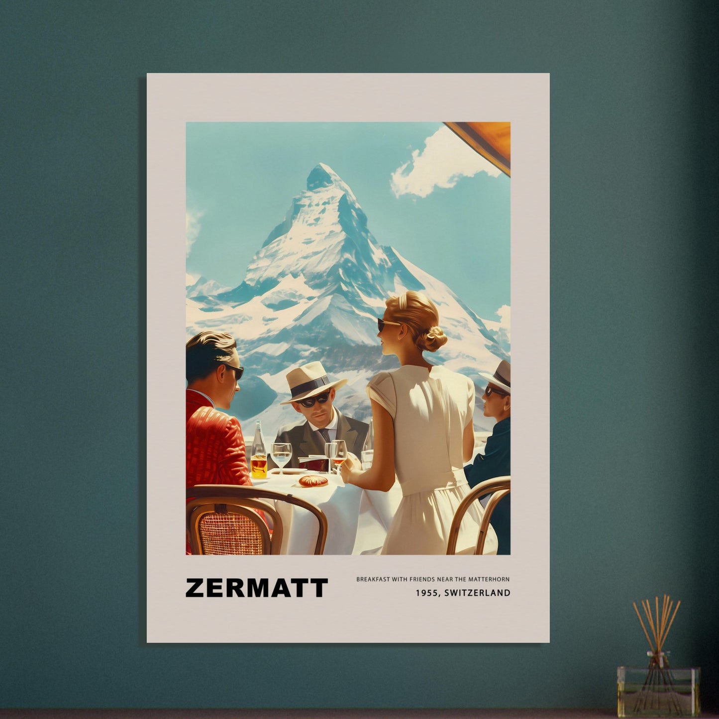 Experience the charm of Zermatt with this vintage poster featuring a group of friends enjoying breakfast against the stunning backdrop of the Matterhorn. This nostalgic scene from 1955, Switzerland, captures the essence of leisurely mornings and breathtaking mountain views.