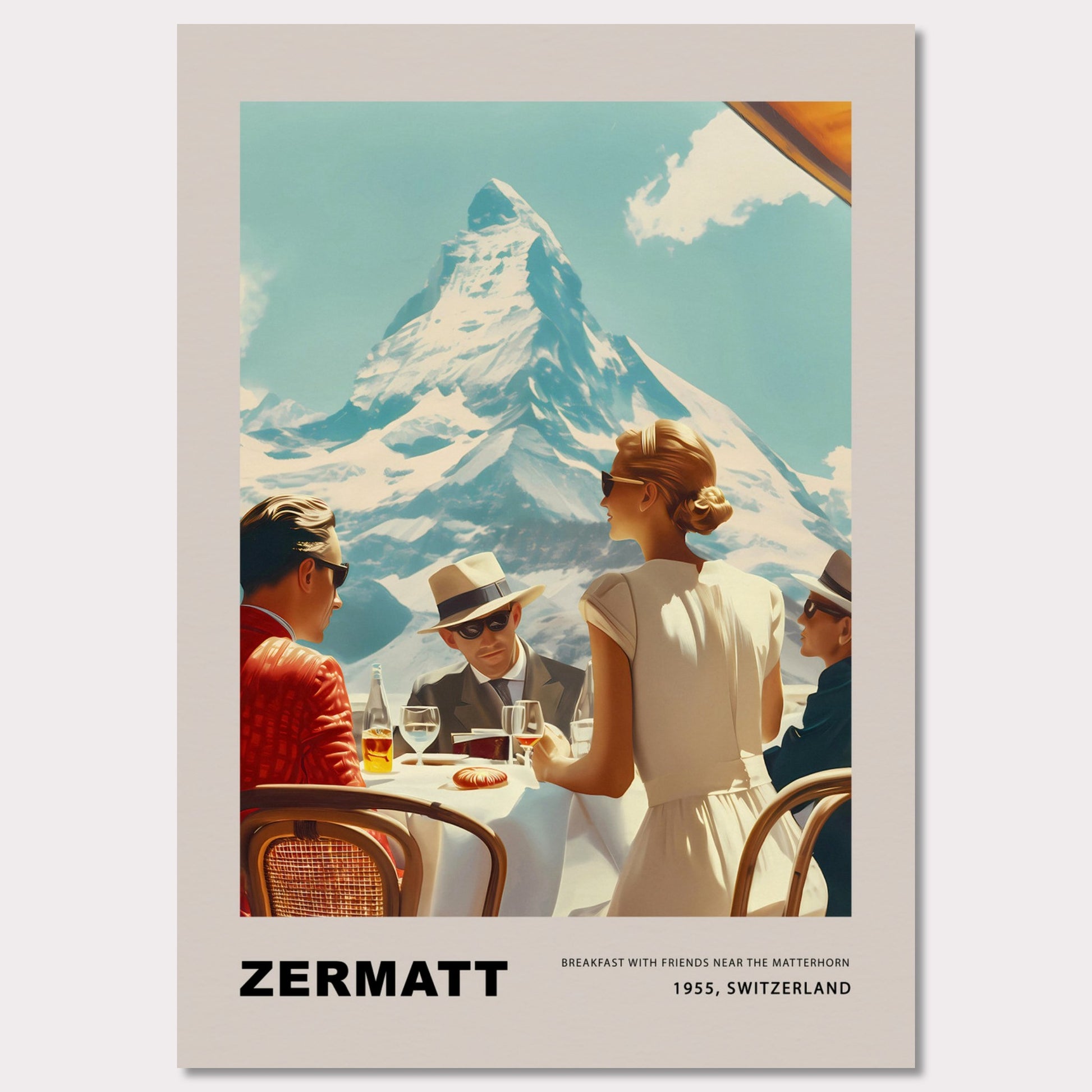 Experience the charm of Zermatt with this vintage poster featuring a group of friends enjoying breakfast against the stunning backdrop of the Matterhorn. This nostalgic scene from 1955, Switzerland, captures the essence of leisurely mornings and breathtaking mountain views.