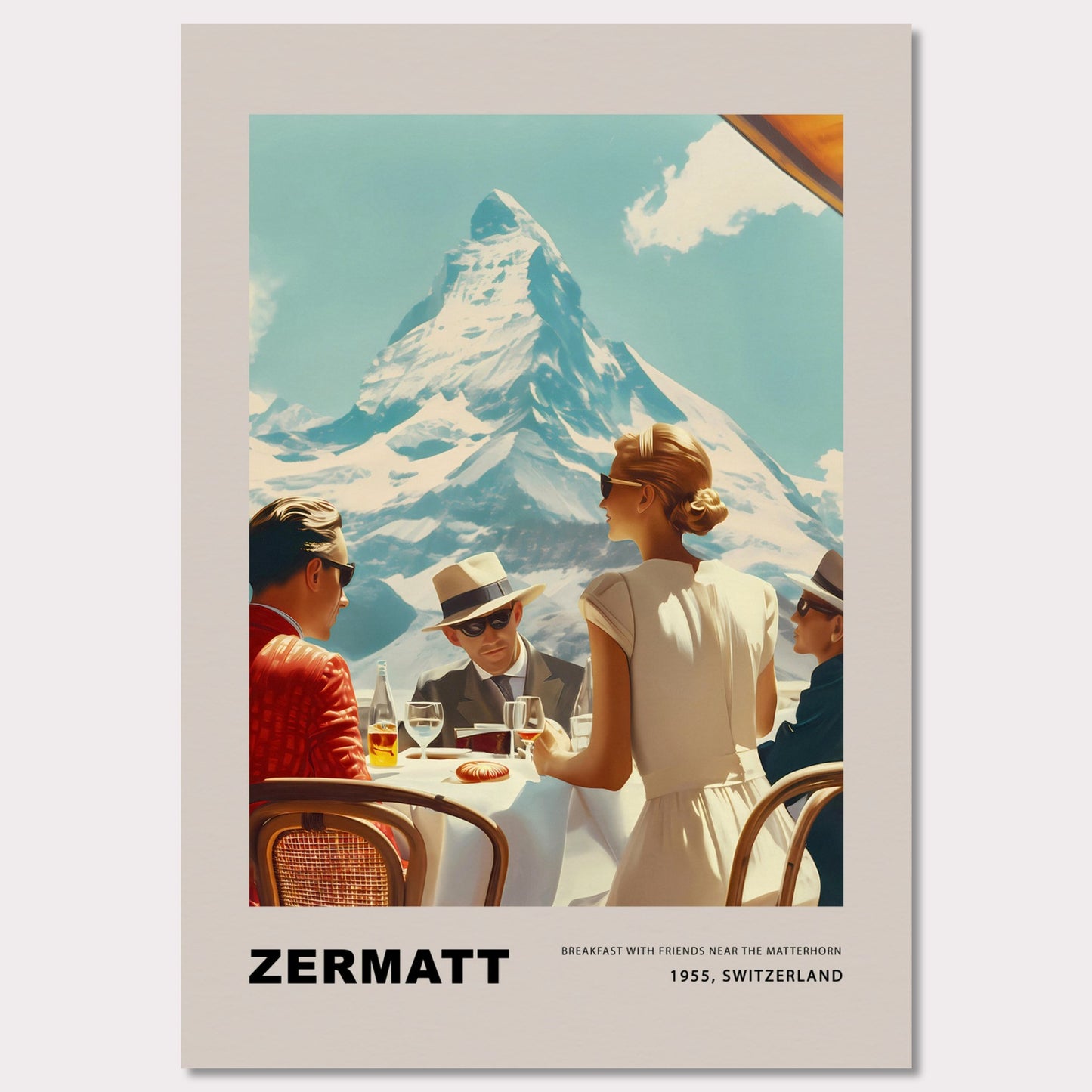 Experience the charm of Zermatt with this vintage poster featuring a group of friends enjoying breakfast against the stunning backdrop of the Matterhorn. This nostalgic scene from 1975, Switzerland, captures the essence of leisurely mornings and breathtaking mountain views.