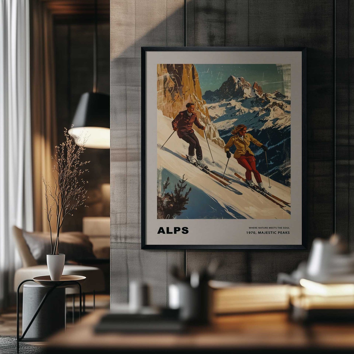 This striking vintage poster celebrates the grandeur of the Alps, depicting a dynamic pair of skiers descending snowy slopes with towering peaks in the background. Their confident movements against the crisp, majestic scenery capture the essence of alpine adventure. The warm, retro tones paired with the timeless typography evoke a sense of nostalgia and the spirit of mountain exploration.