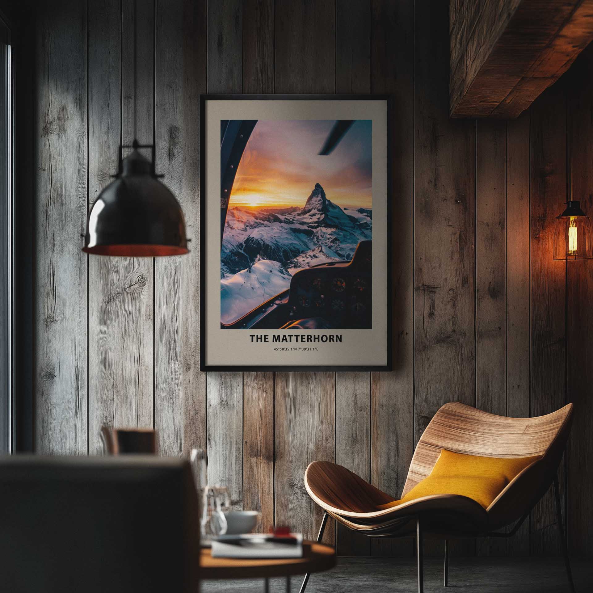 This stunning photograph captures the majestic Matterhorn at sunset, viewed from the cockpit of an aircraft. The snow-covered peaks and the golden hues of the sky create a breathtaking scene.