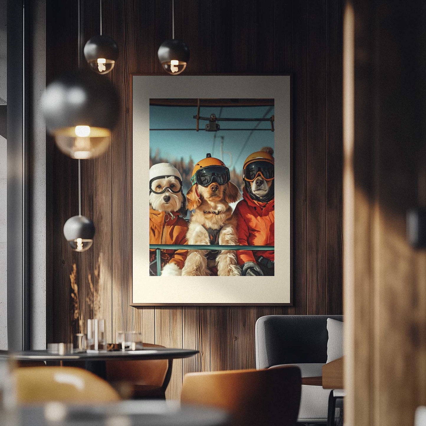 Drei Hunde eines Skifahrers - Poster mit Holzrahmen