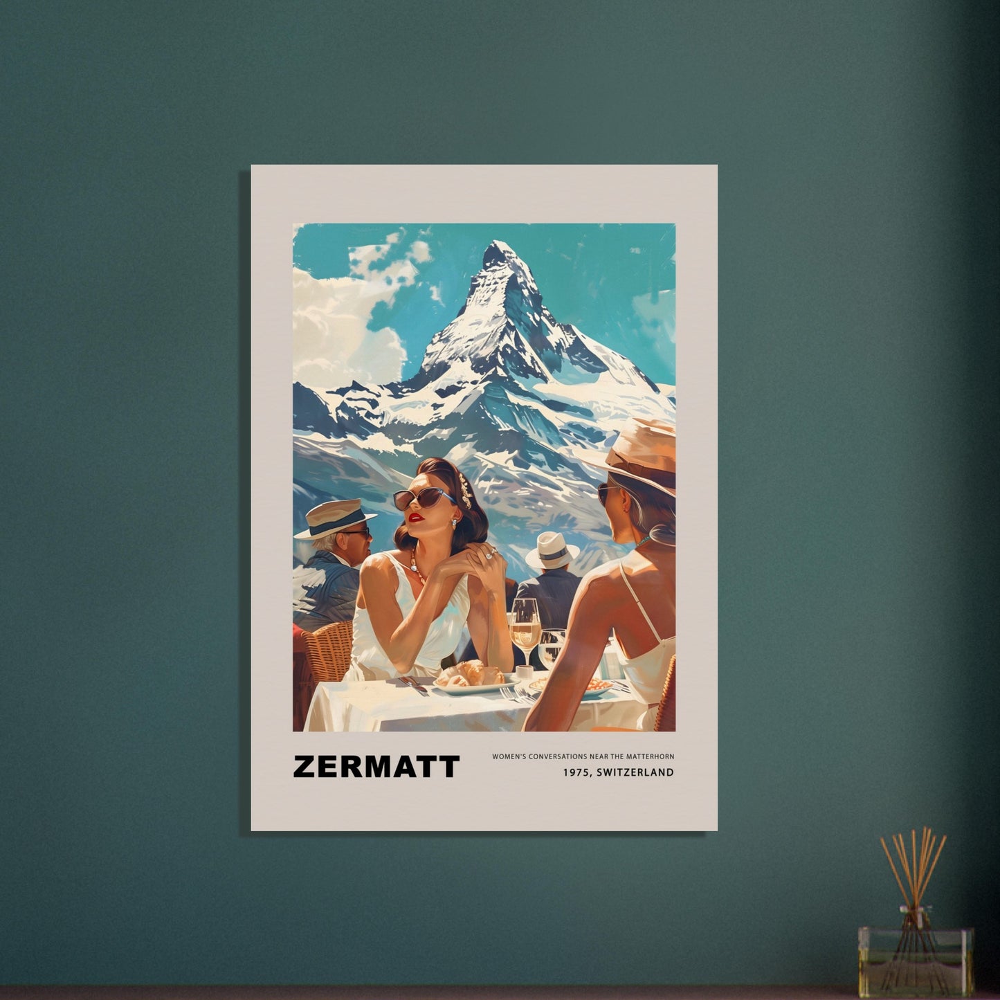 This poster showcases an elegant and nostalgic scene set in Zermatt, Switzerland, against the breathtaking backdrop of the Matterhorn. The image captures a sophisticated moment of leisure, where well-dressed individuals enjoy a luxurious outdoor meal, embodying the glamour of 1975.