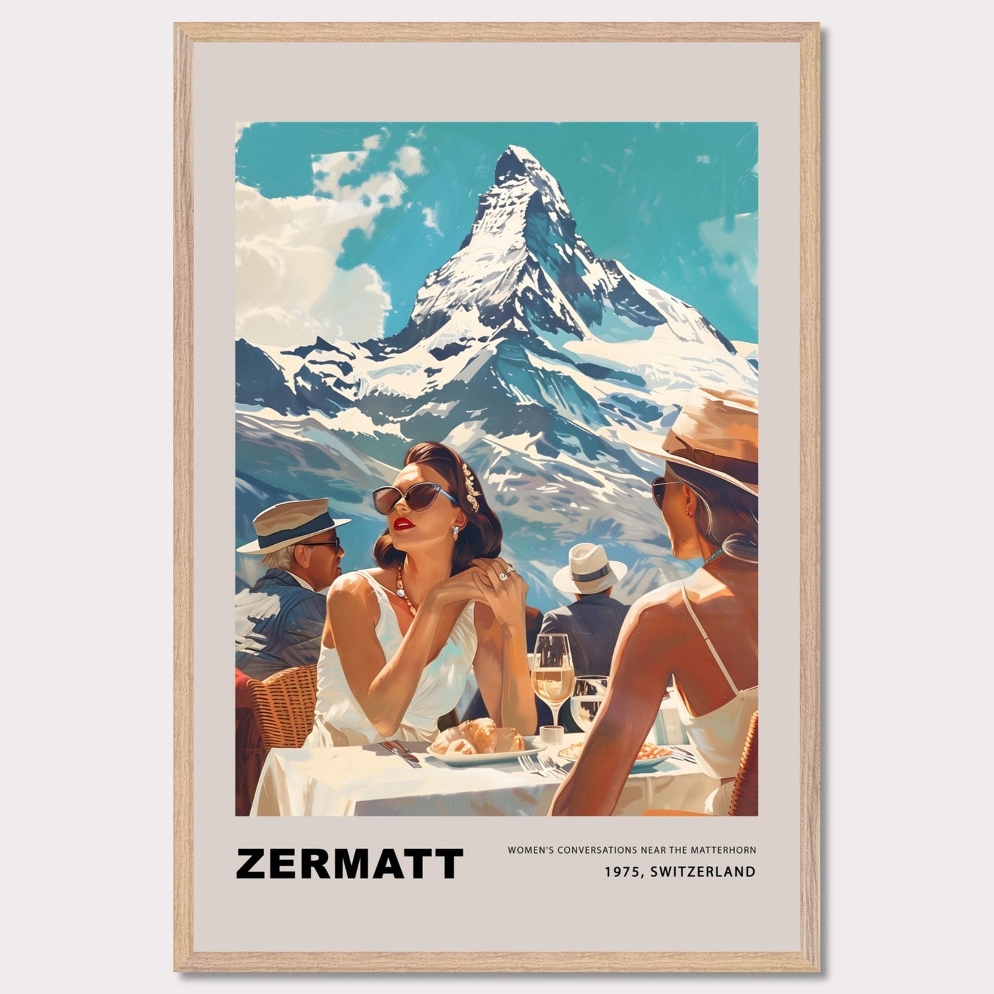 This poster showcases an elegant and nostalgic scene set in Zermatt, Switzerland, against the breathtaking backdrop of the Matterhorn. The image captures a sophisticated moment of leisure, where well-dressed individuals enjoy a luxurious outdoor meal, embodying the glamour of 1975.