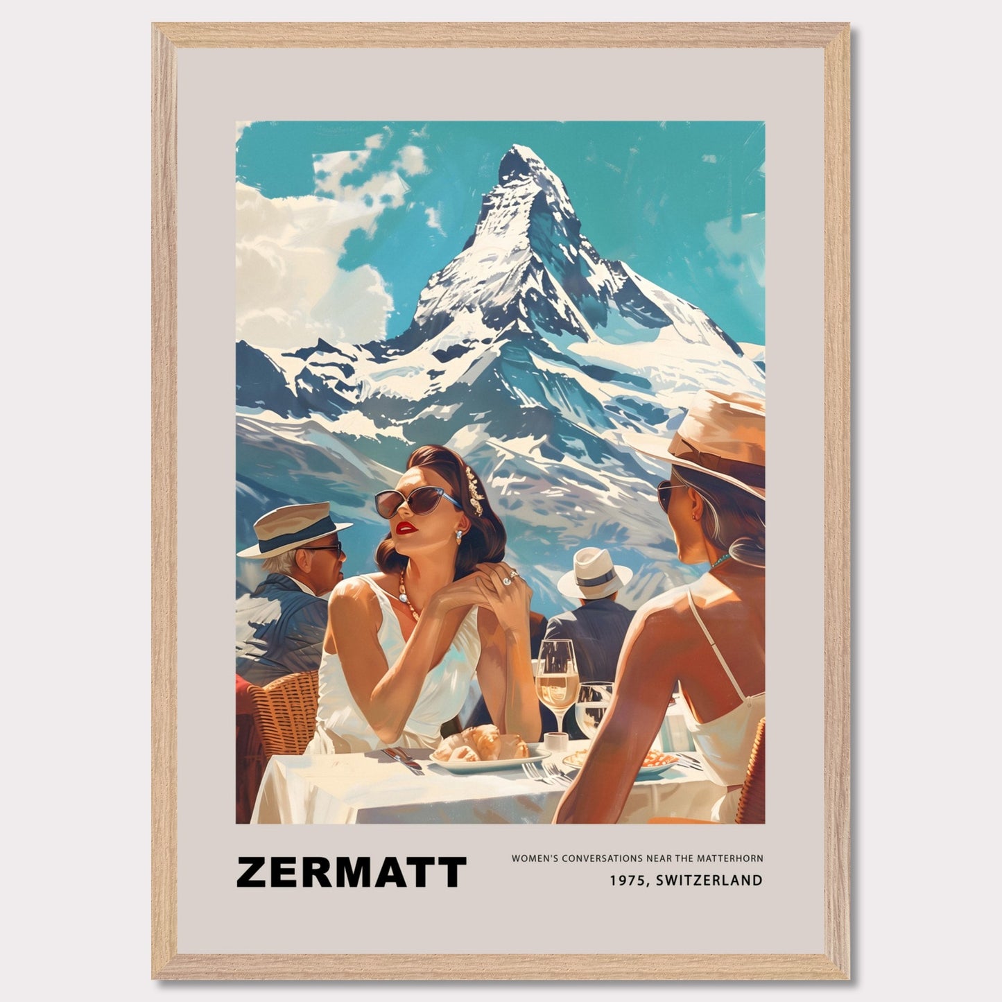 This poster showcases an elegant and nostalgic scene set in Zermatt, Switzerland, against the breathtaking backdrop of the Matterhorn. The image captures a sophisticated moment of leisure, where well-dressed individuals enjoy a luxurious outdoor meal, embodying the glamour of 1975.