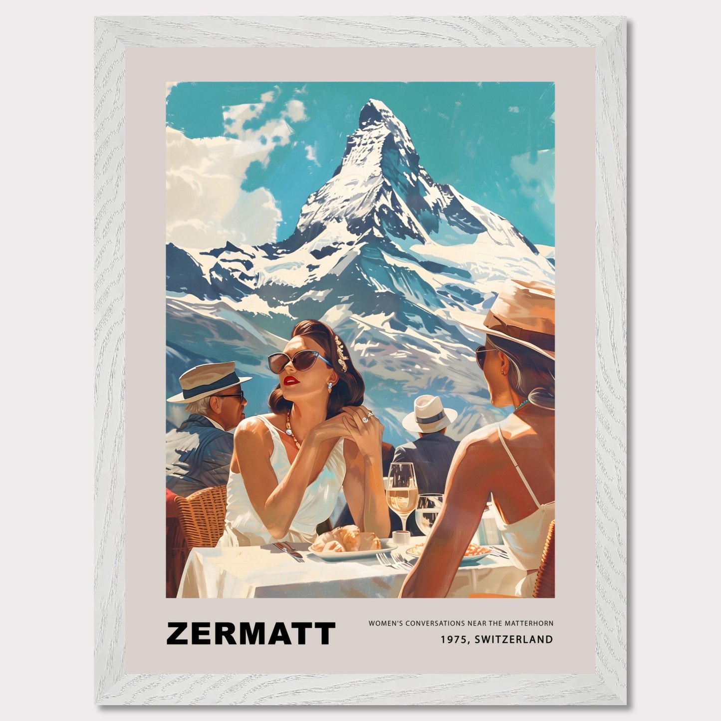 This poster showcases an elegant and nostalgic scene set in Zermatt, Switzerland, against the breathtaking backdrop of the Matterhorn. The image captures a sophisticated moment of leisure, where well-dressed individuals enjoy a luxurious outdoor meal, embodying the glamour of 1975.