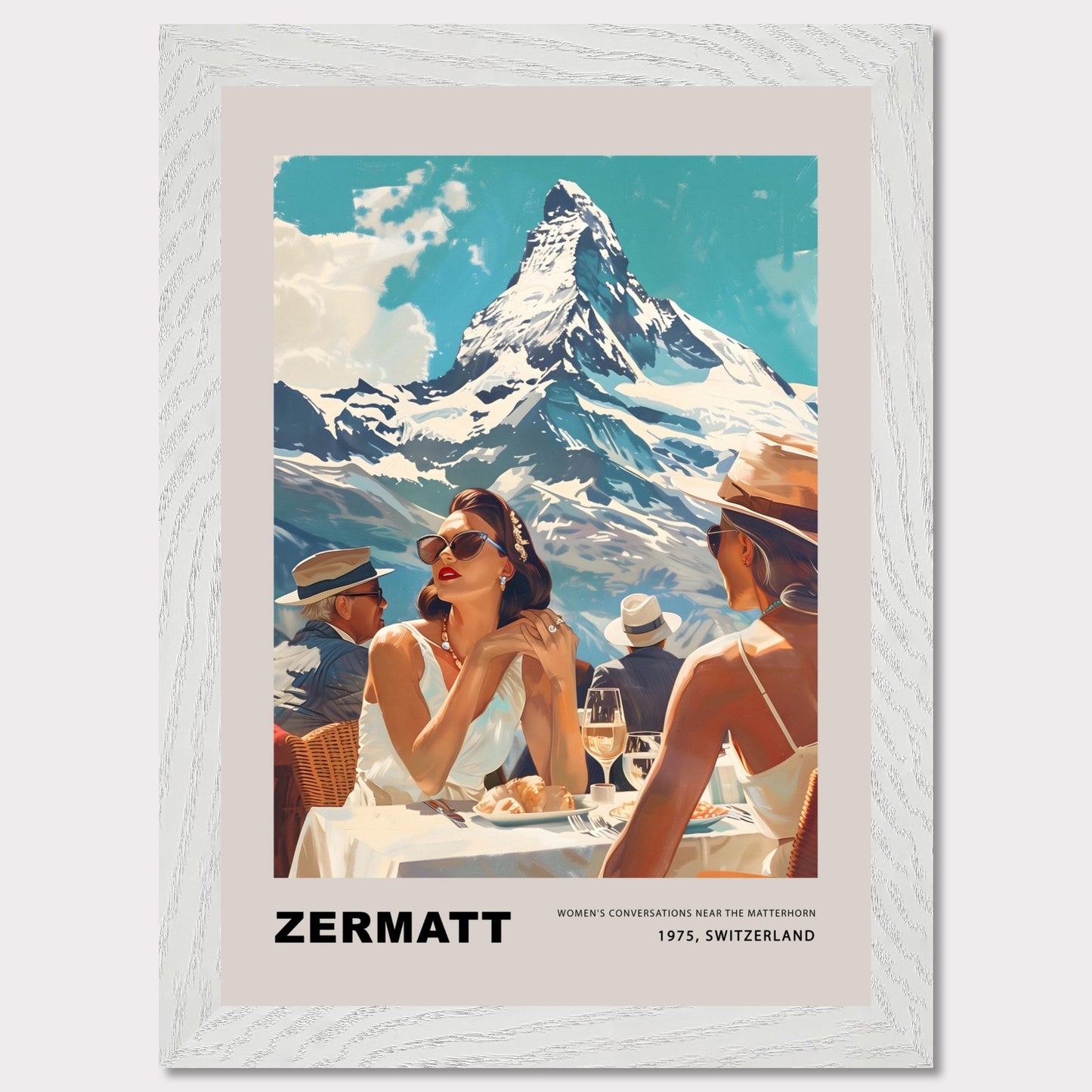 This poster showcases an elegant and nostalgic scene set in Zermatt, Switzerland, against the breathtaking backdrop of the Matterhorn. The image captures a sophisticated moment of leisure, where well-dressed individuals enjoy a luxurious outdoor meal, embodying the glamour of 1975.