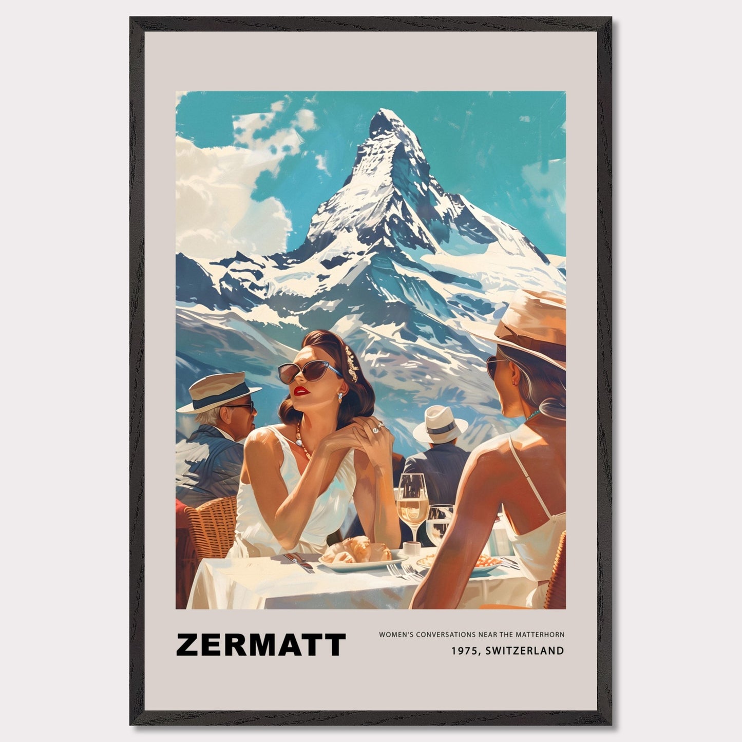 This poster showcases an elegant and nostalgic scene set in Zermatt, Switzerland, against the breathtaking backdrop of the Matterhorn. The image captures a sophisticated moment of leisure, where well-dressed individuals enjoy a luxurious outdoor meal, embodying the glamour of 1975.