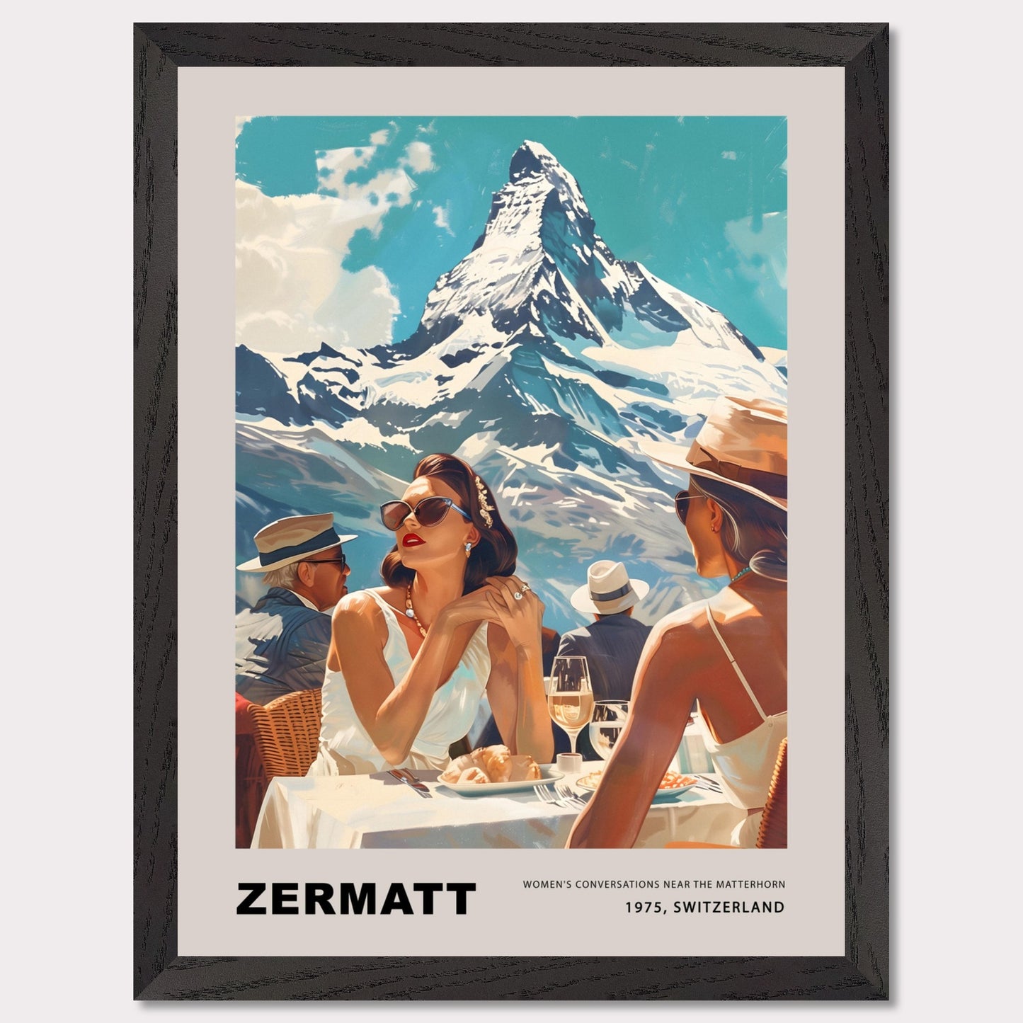 This poster showcases an elegant and nostalgic scene set in Zermatt, Switzerland, against the breathtaking backdrop of the Matterhorn. The image captures a sophisticated moment of leisure, where well-dressed individuals enjoy a luxurious outdoor meal, embodying the glamour of 1975.