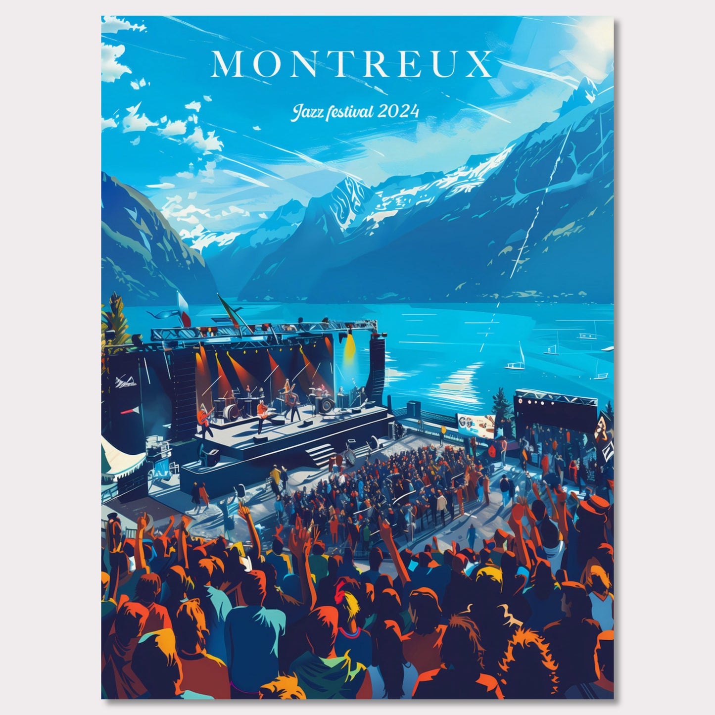 This vibrant poster showcases the Montreux Jazz Festival 2024, set against the stunning backdrop of Lake Geneva and the Swiss Alps. The image features a lively crowd enjoying a performance on an outdoor stage, with musicians playing under a clear blue sky.