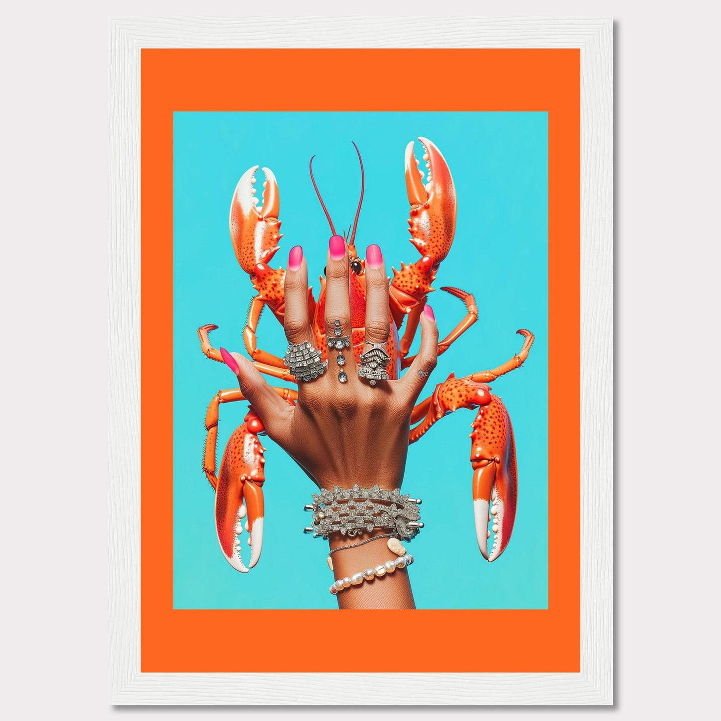 This vibrant and quirky artwork features a hand adorned with luxurious rings and bracelets, holding a bright orange lobster against a vivid blue background. The contrast between the bold colors and the intricate jewelry creates a striking visual impact.