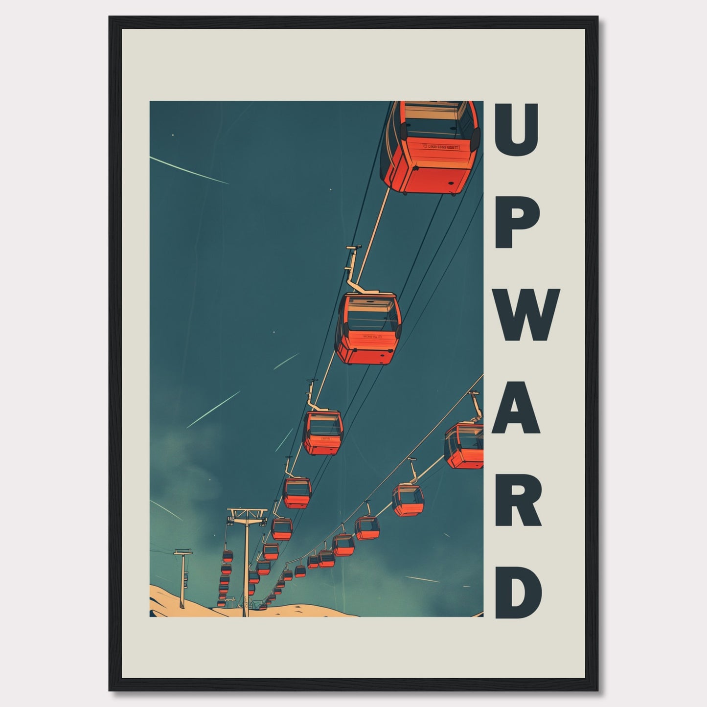 This striking artwork features a series of red cable cars ascending into a deep blue sky, evoking a sense of adventure and upward momentum. The word "UPWARD" is boldly displayed along the right side, reinforcing the theme of progress and elevation.