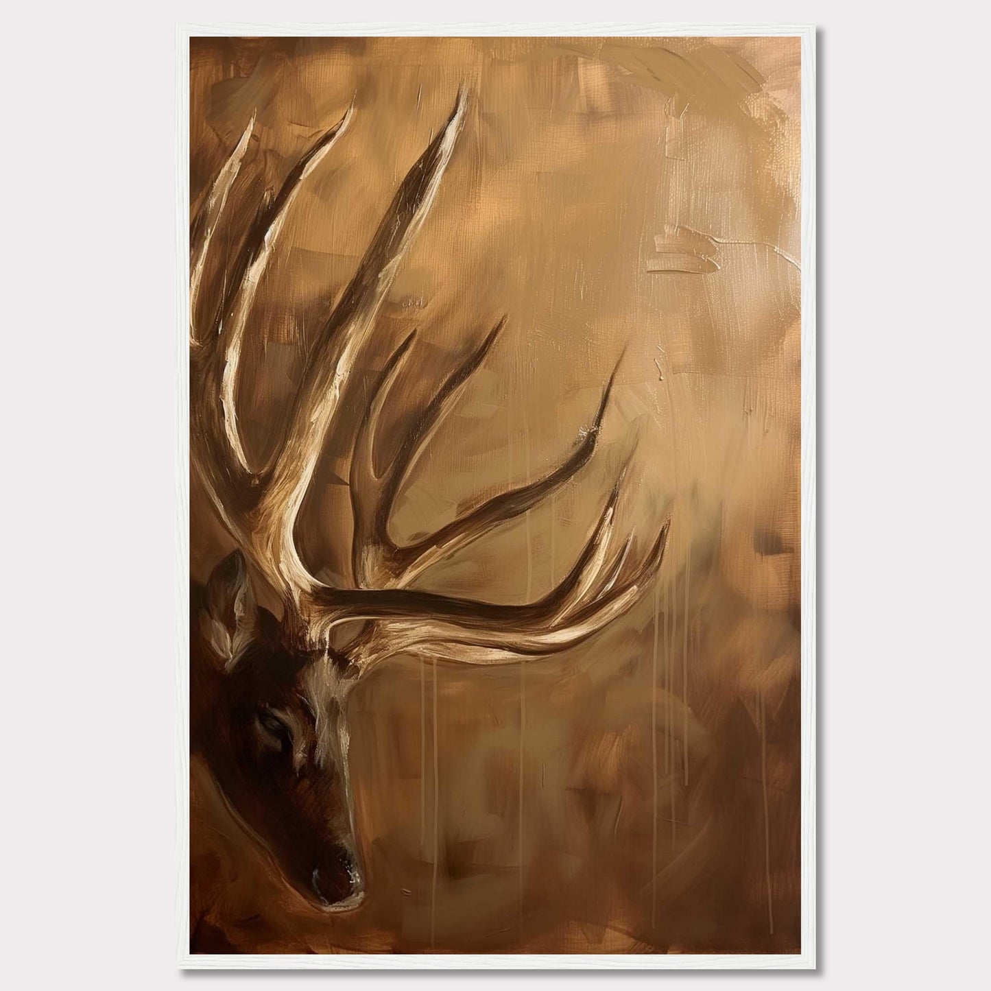 This captivating painting features a majestic deer with prominent antlers, set against a warm, earthy background. The artwork exudes a sense of tranquility and natural beauty, making it a perfect addition to any nature lover's collection.