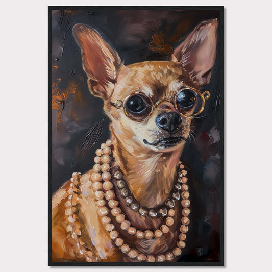 This captivating artwork features a stylish Chihuahua wearing round glasses and multiple strands of pearls. The painting exudes elegance and charm, making it a perfect statement piece for any room.