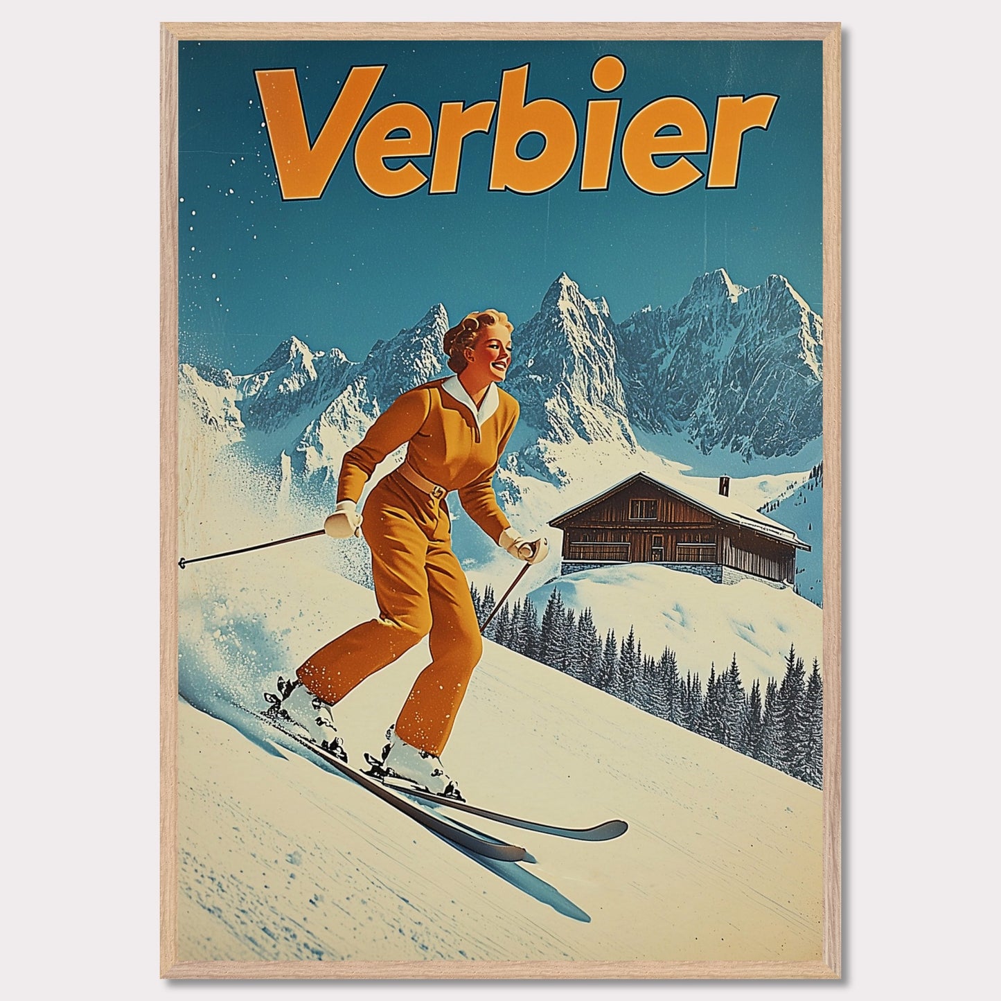 This vibrant retro poster features a cheerful skier dressed in a classic orange ski outfit, gliding down the pristine slopes of Verbier. Behind her, a picturesque alpine chalet sits amidst snow-covered peaks, with a bright blue sky completing the idyllic scene. The bold typography and clean lines enhance the nostalgic charm, inviting viewers to experience the joys of skiing in Verbier.