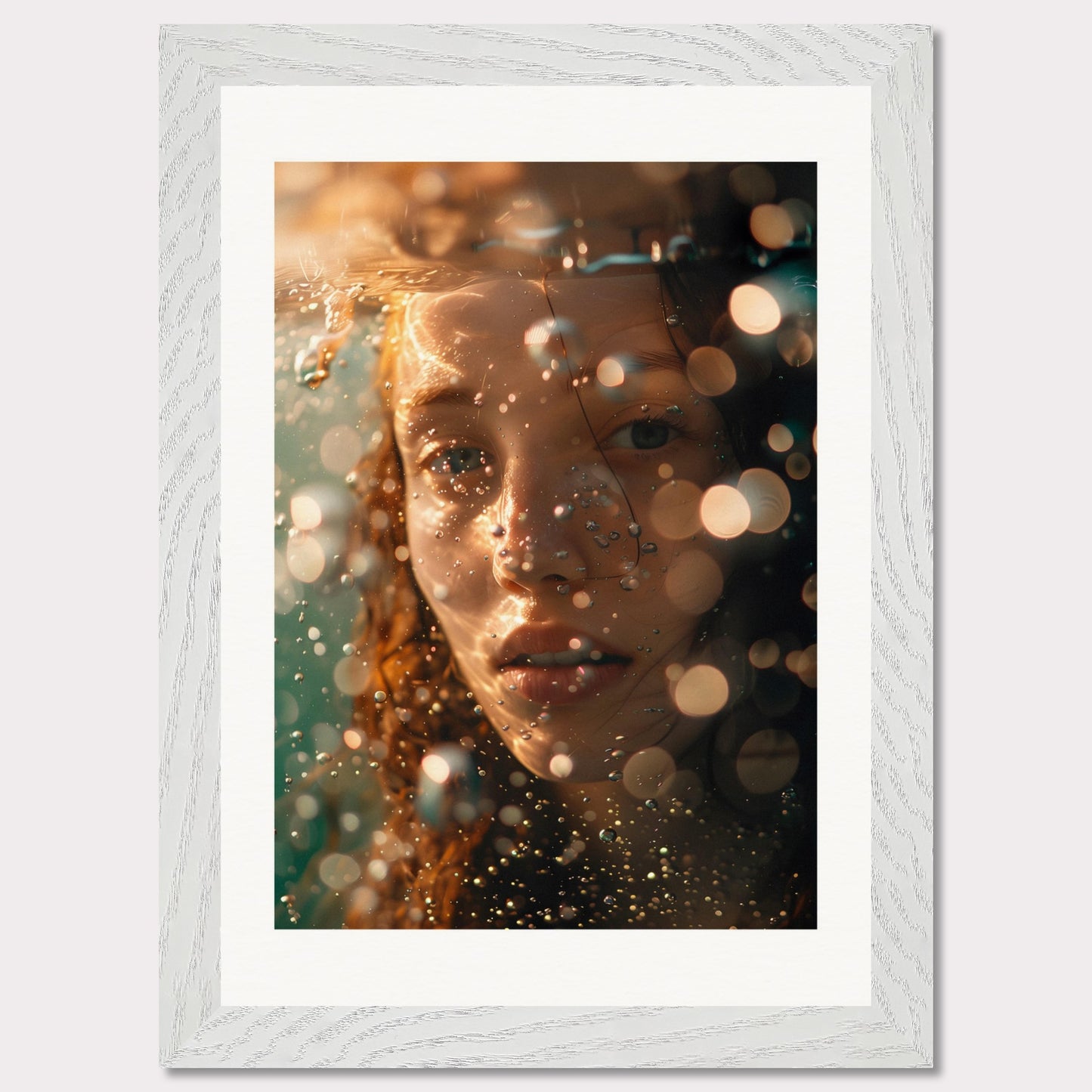 A close-up, artistic photograph of a person's face submerged in water, with light reflections and bokeh effects creating an ethereal atmosphere.

This poster would fit well in modern living rooms, art studios, bedrooms, or any space that appreciates contemporary and artistic photography.