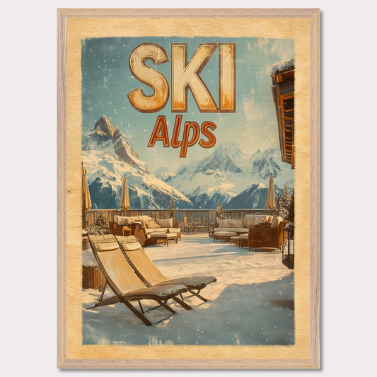 This captivating poster presents a luxurious alpine terrace overlooking majestic snowy peaks. The cozy lounge chairs, wooden railings, and soft golden light create an inviting winter escape. The serene atmosphere and breathtaking views evoke a sense of tranquility and connection to nature.