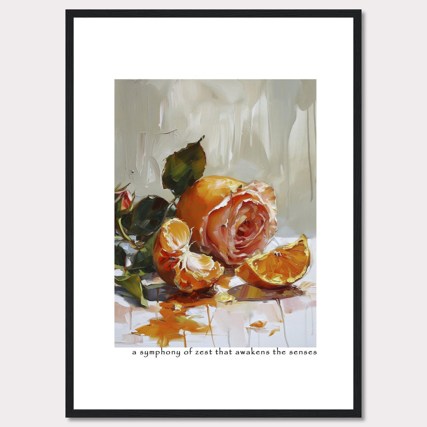 This captivating painting features a delicate rose intertwined with vibrant orange segments, creating a stunning contrast of colors and textures. The brushstrokes evoke a sense of freshness and vitality, making it a perfect piece to invigorate any space.