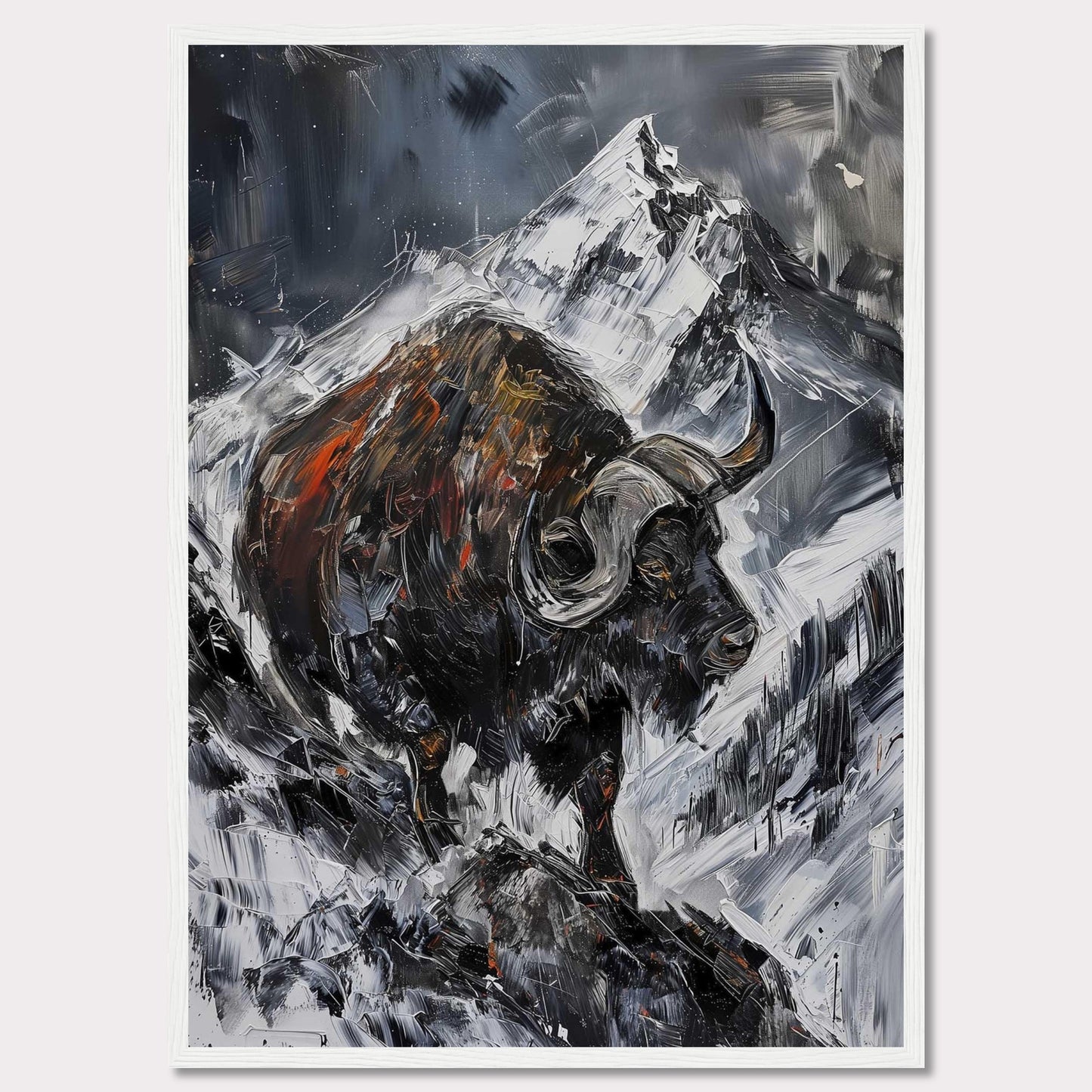 This striking painting captures the raw power of a buffalo against a dramatic mountainous backdrop. The bold brushstrokes and intense colors create a sense of movement and energy.