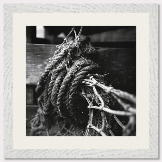 This is a black and white illustration of coiled ropes and fishing nets. The image captures the textures and details of the ropes and nets, emphasizing their rough and worn appearance.