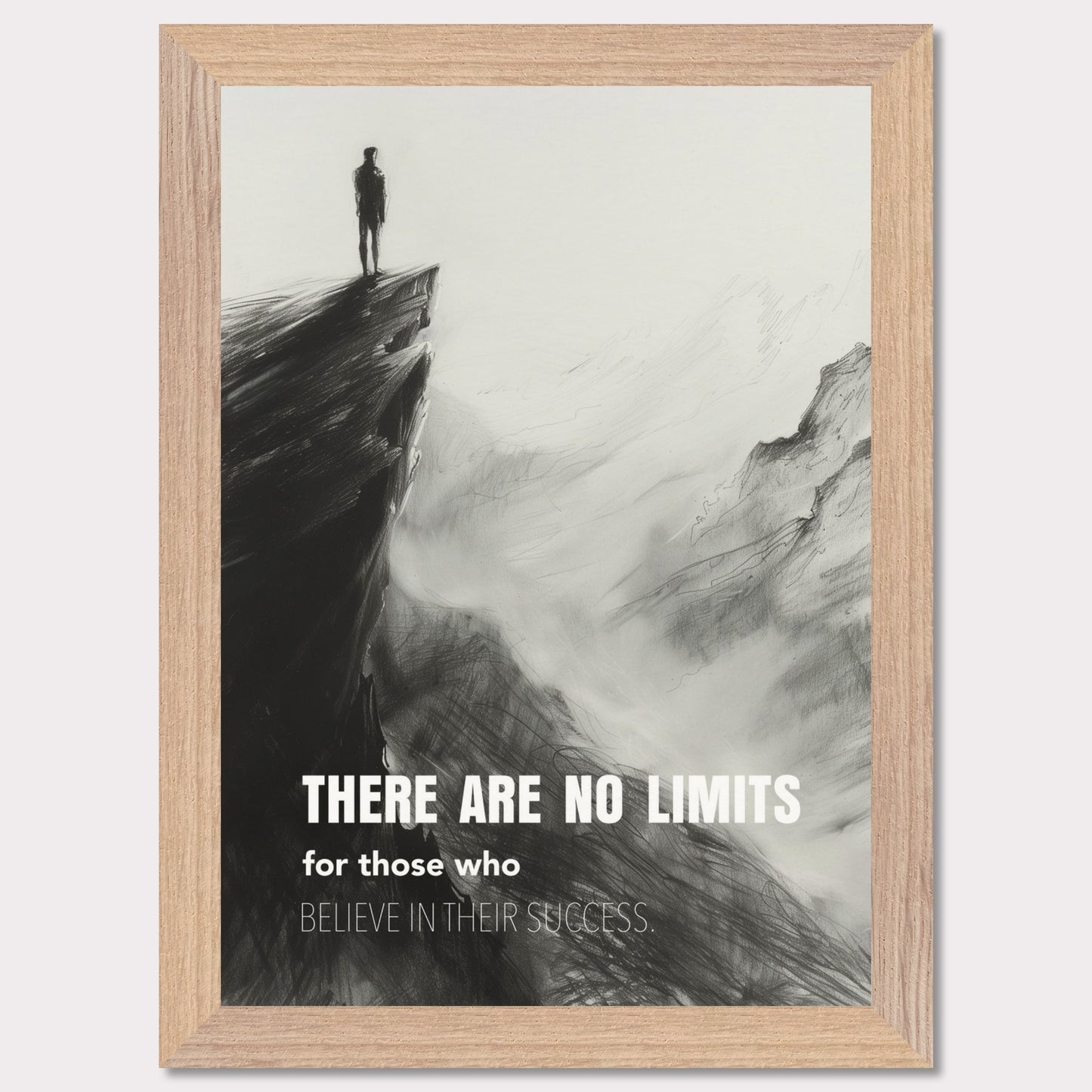 This image depicts a person standing at the edge of a cliff, looking out over a vast, foggy landscape. The scene is rendered in black and white, giving it a dramatic and contemplative feel. The text on the image reads: "There are no limits for those who believe in their success."