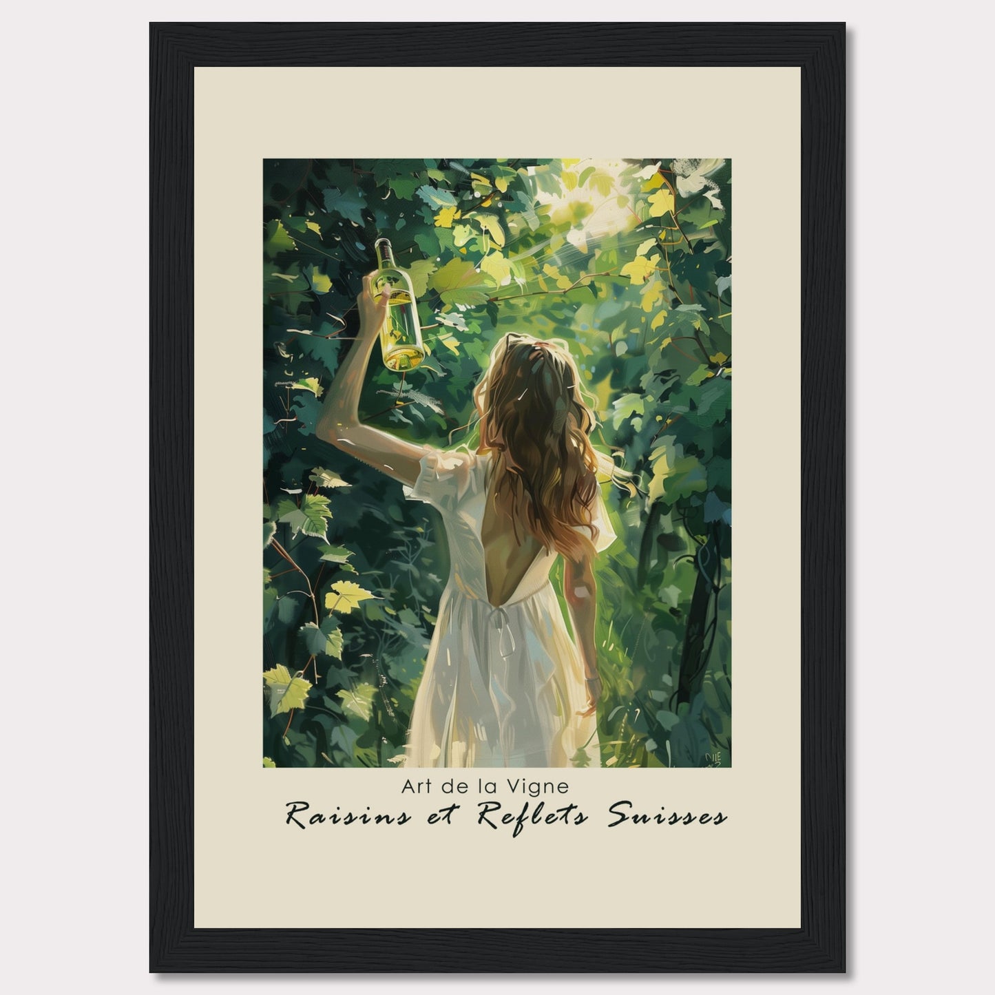 This captivating artwork titled "Art de la Vigne" showcases a woman in a white dress holding up a bottle of wine amidst lush green vines, with sunlight filtering through the leaves. The scene exudes a sense of tranquility and connection with nature.