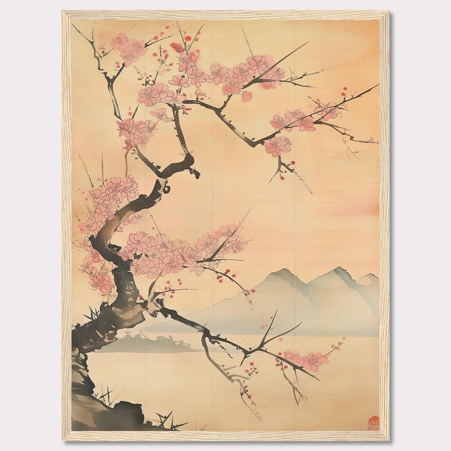 This beautiful artwork features a delicate cherry blossom tree in full bloom against a serene backdrop of distant mountains. The soft pastel hues create a tranquil and calming atmosphere, perfect for any living space.