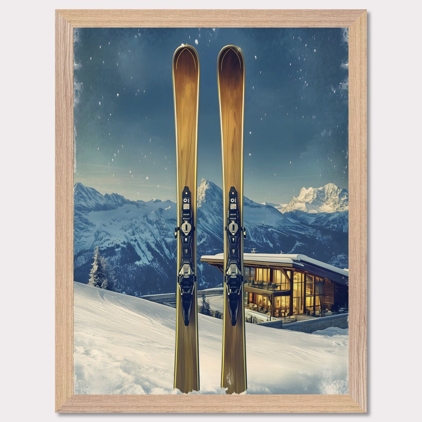 This elegant poster showcases the perfect blend of tradition and modernity in a snowy alpine escape. Two sleek skis stand proudly in the foreground, while a contemporary, glowing chalet nestled in the mountains provides a warm contrast to the frosty winter scene.