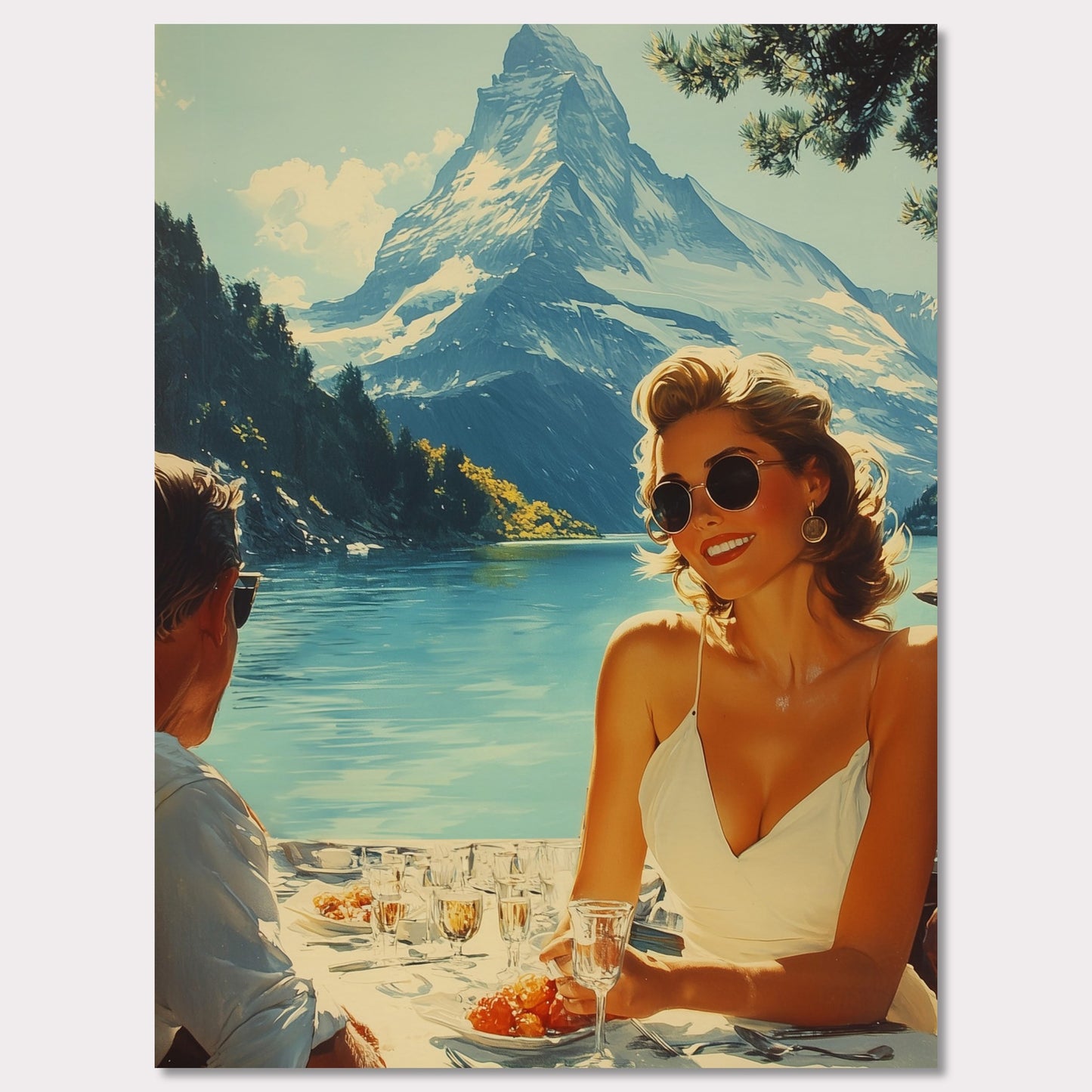 This illustration depicts a scenic outdoor dining setting by a lake with snowy mountains in the background. A woman in sunglasses and a white dress is smiling while holding a glass, and a man is sitting across from her.