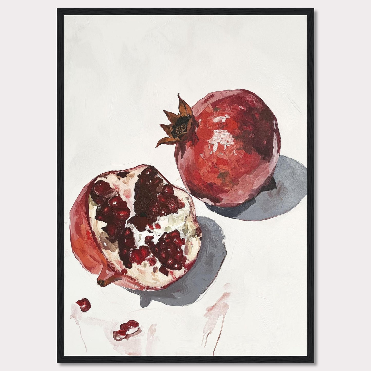 This captivating artwork features a detailed painting of two pomegranates, one whole and one halved, showcasing the vibrant red seeds. The minimalist background highlights the rich colors and textures of the fruit, making it a striking piece for any space.