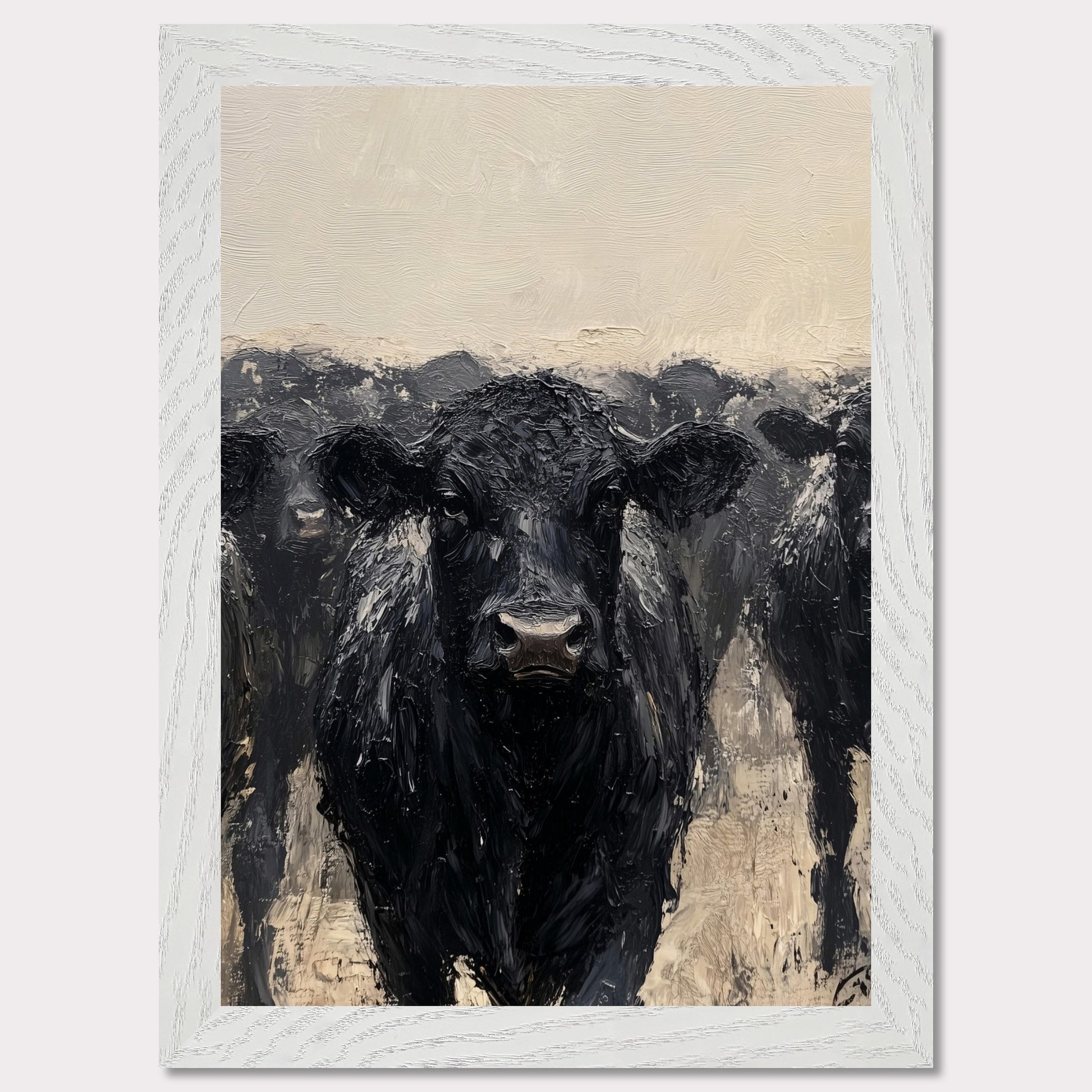 This striking painting captures the intense gaze of a black cow, surrounded by its herd. The textured brushstrokes and muted color palette create a powerful and captivating image.