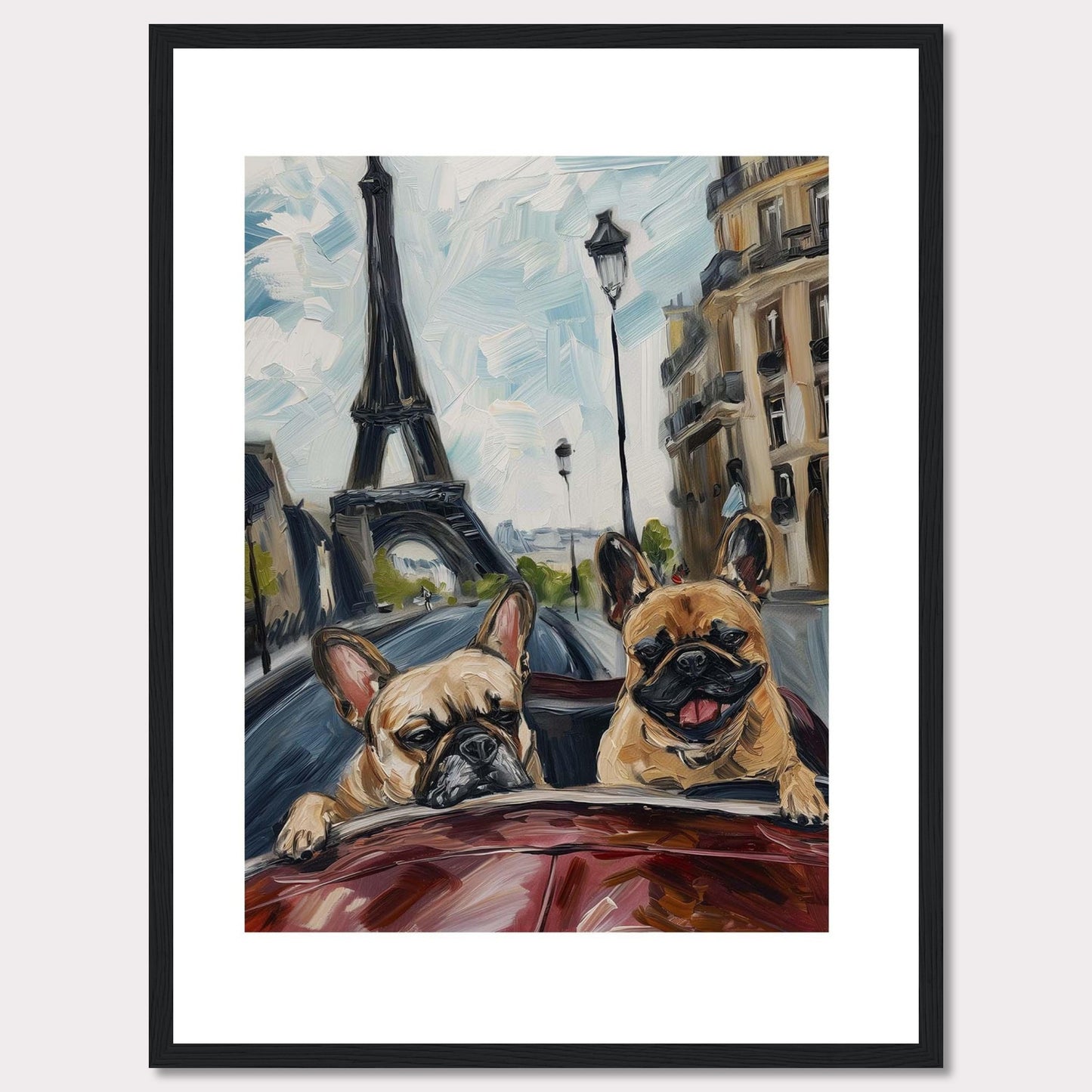 This vibrant painting captures two adorable French Bulldogs enjoying a ride in a car with the iconic Eiffel Tower in the background. The artwork beautifully blends elements of Parisian architecture, street lamps, and the joyful expressions of the dogs.