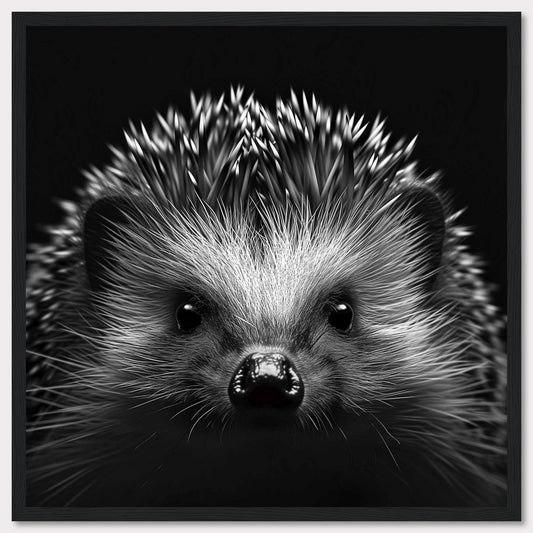 This captivating black and white photograph showcases the adorable face of a hedgehog, with its quills prominently displayed. The close-up shot emphasizes the intricate details of its fur and the curious expression in its eyes.