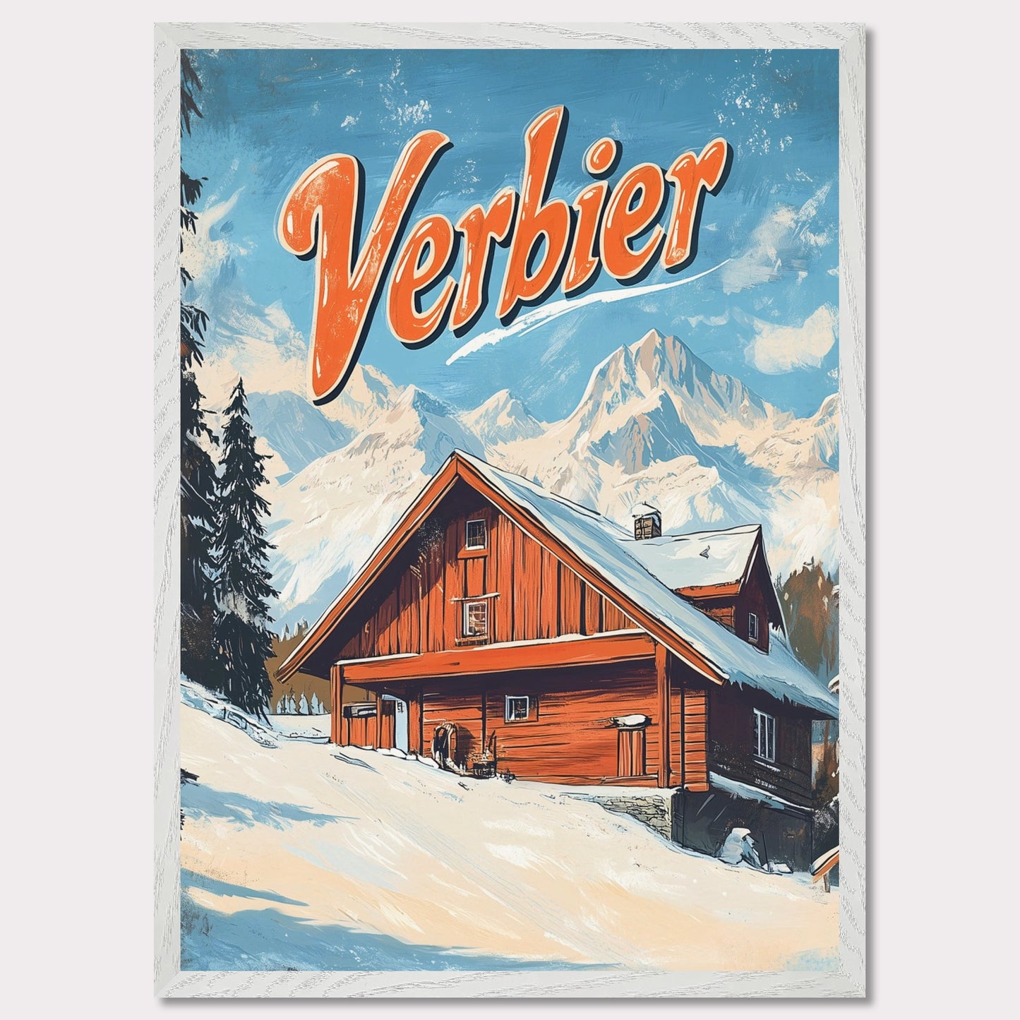 This vintage-inspired poster features a charming wooden chalet nestled against the stunning mountains of Verbier. The warm tones of the cabin contrast beautifully with the snowy landscape and towering peaks, creating a welcoming, serene winter scene. The retro design with bold typography invites viewers to imagine a peaceful retreat in the heart of the Swiss Alps, where adventure and comfort come together.