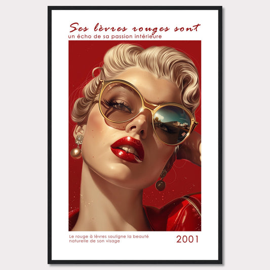 This captivating image features a glamorous woman with bold red lipstick, exuding confidence and allure. Her stylish sunglasses and elegant earrings add to her sophisticated look. The background is a striking red, enhancing the overall intensity of the image.