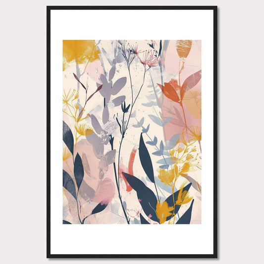 This image showcases a beautiful abstract botanical art print. It features a blend of soft and vibrant colors, depicting various plant forms and leaves.